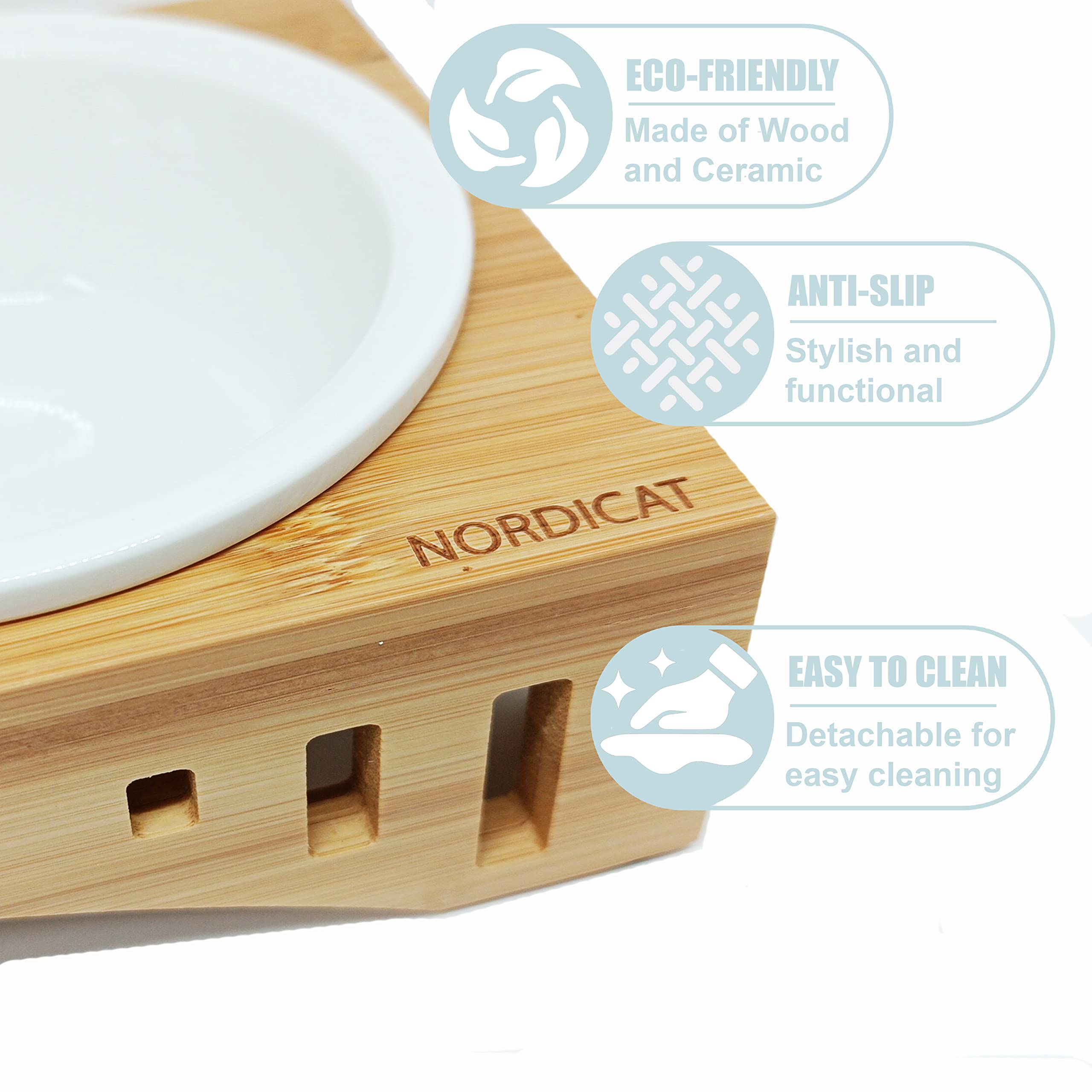 NORDICAT Comedero y Bebedero Gato con Soporte Elevado, Doble Cuenco Ceramica y Bambu Extraible Antideslizante, Accesorios en Madera Nordicat Ideal para Gatos o Perros Pequeños