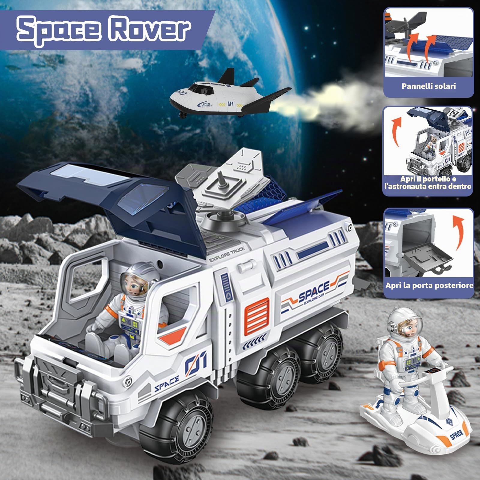 deAO Razzo e Navetta Spaziale per Bambini 3+, Giocattolo Educativo STEM con Astronauti, Rover, Stazione Spaziale e Tappetino Sistema Solare