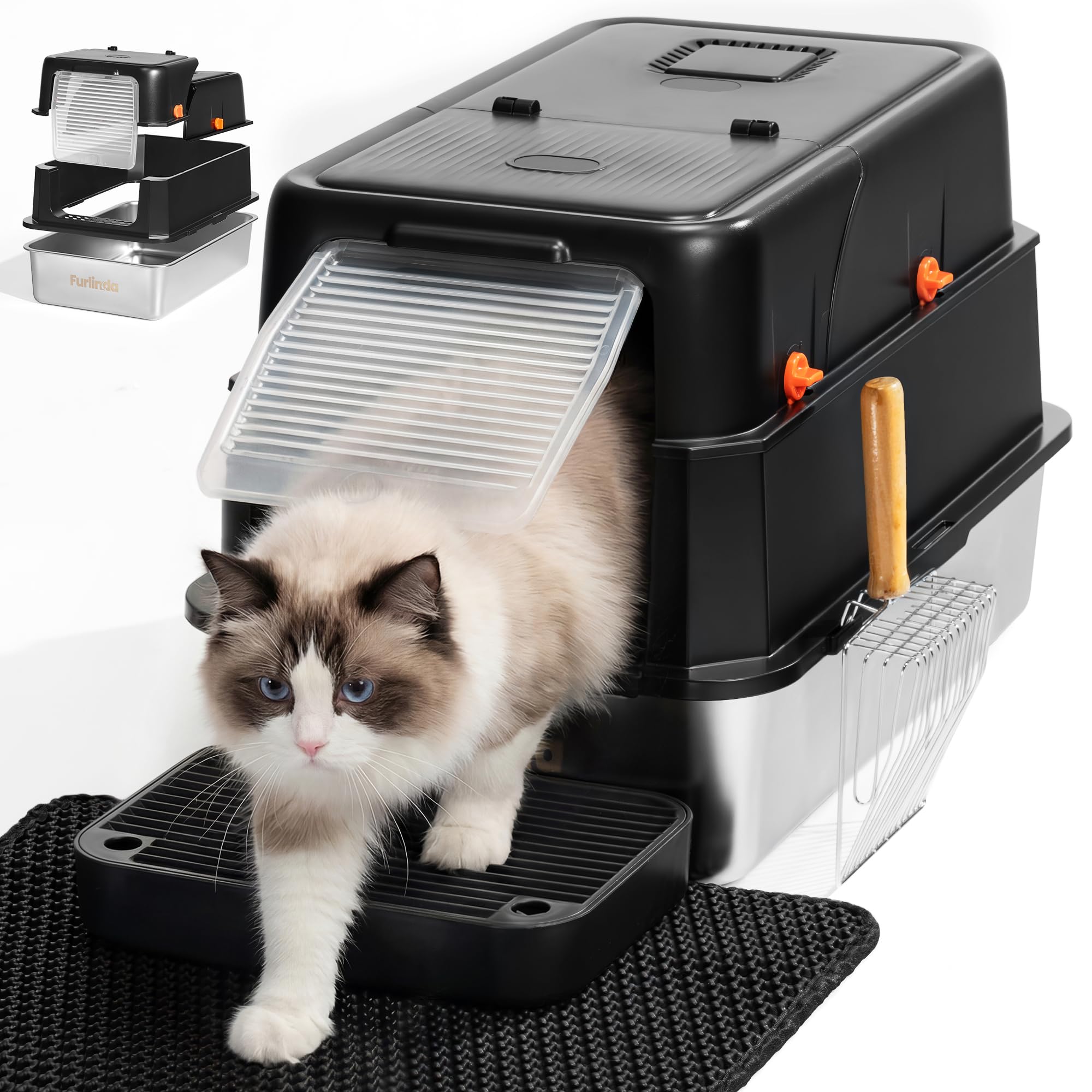 FURLINDA Stainless Steel Cat Litter Tray with Lid, High-Sided, Large Hooded Metal Cat Litter Box Covered with 180° Flip-Top Lid, Easy to Clean, Metal Scoop, Mat & Entry Step