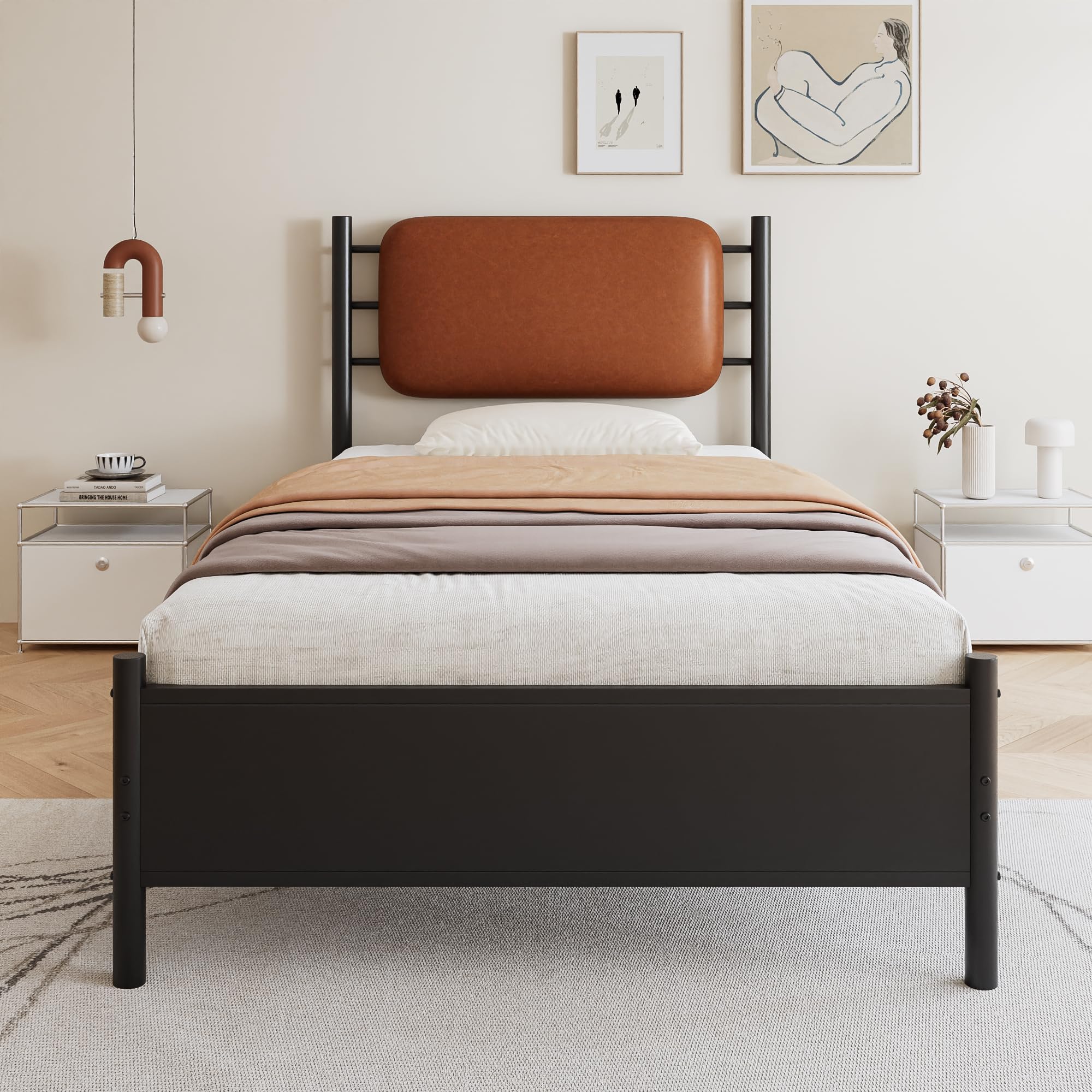 Merax 3ft Single Metal bed Frame 90x190cm, with PU-upholstered Headboard, reinforced iron Slat Support, for adults & teenagers(No Mattress), Black,Iron+PU โ image 1