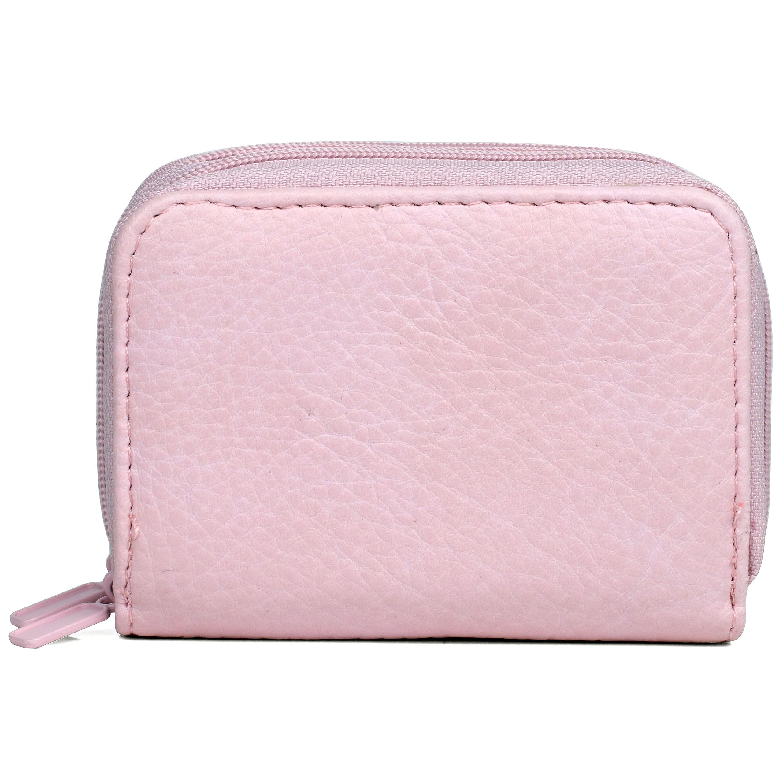 Julia Buxton Solid Pebble Vegan Leather Wizard Wallet with RFID Blocking, Zip-around, Multiple Card Slot Storage, Smooth Pink