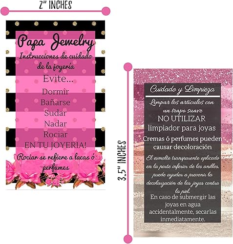 Miniatura 4 de Tarjetas españolas de limpieza y cuidado de joyas Paquete de 50 Instrucciones de cuidado de Jewelry Bling Queen en español Rayas con diseño floral