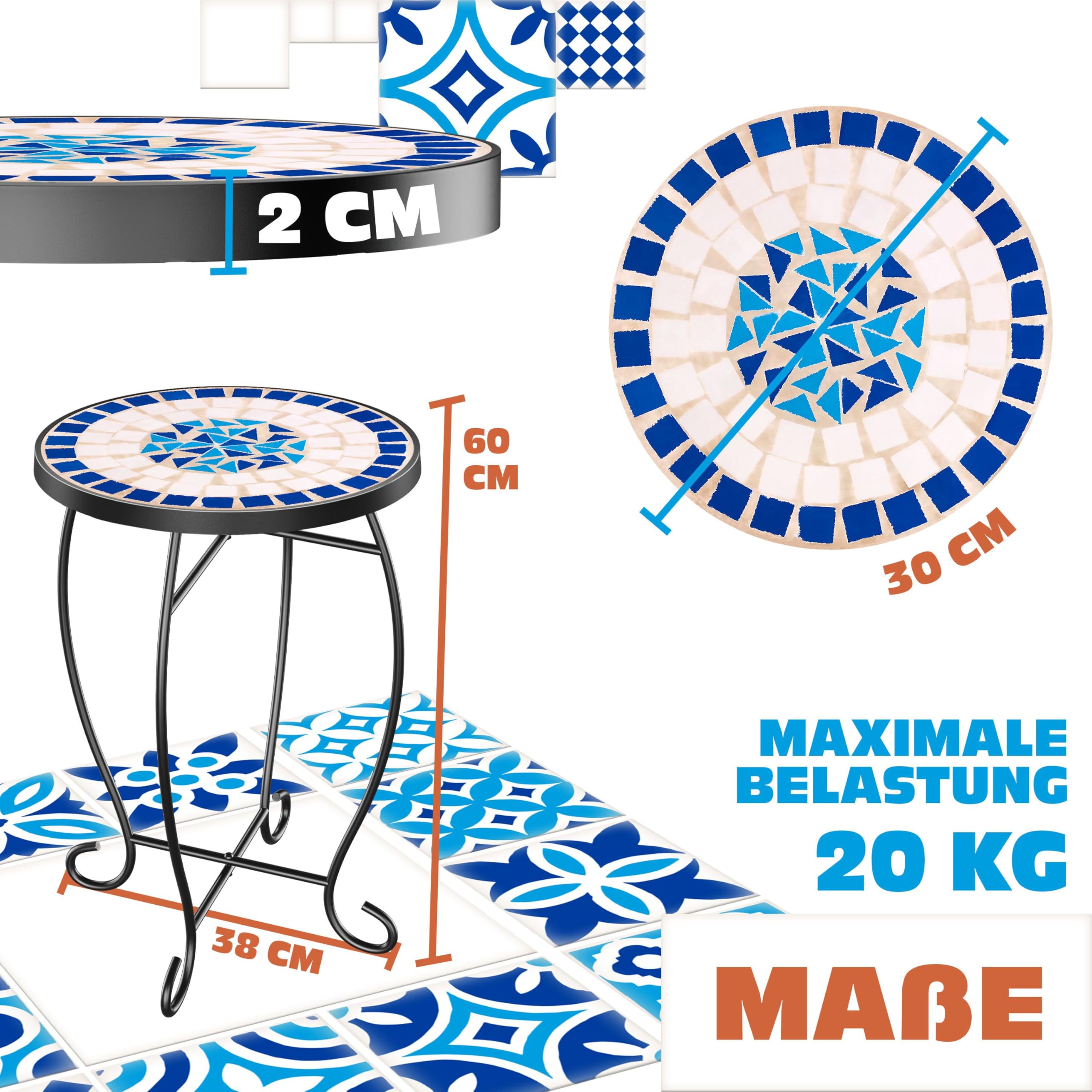 KESSER® Mosaiktisch Bistrotische Blumenhocker Rund 60 x 34 cm Metall Mosaik Beistelltisch Balkontisch Gartentische Terrassentisch Balkon Steinmosaik Garten Gartentisch Indoor Outdoor, Peripou
