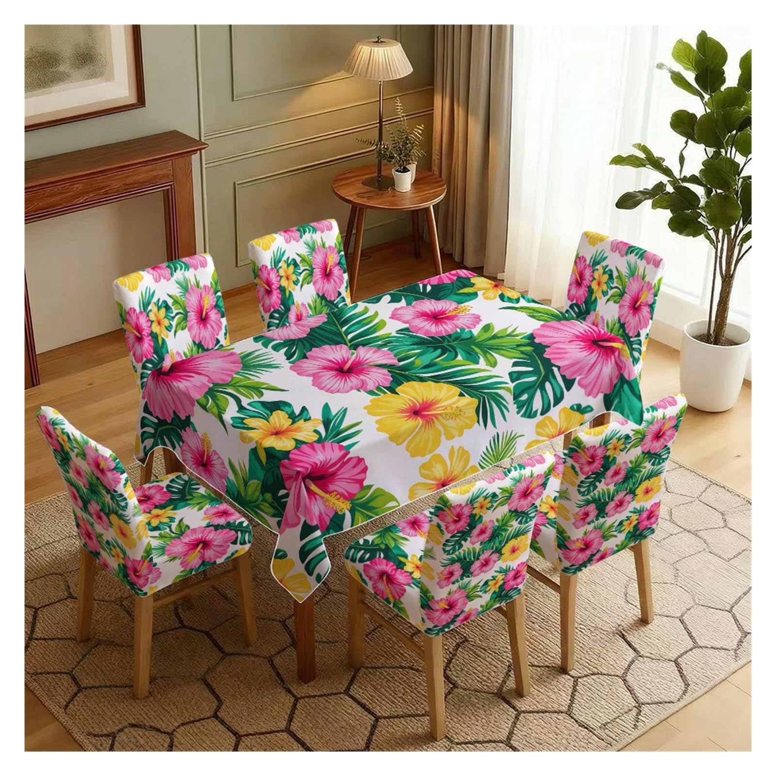 KXUAUV Tropical Hibiscus Print Stretch Dining Chair Covers Tablecloth Set, For Kitchen Dining Living Room Beach Decor, 5/7 Pack Party Decor(7pcs Set: Tablecloth+Chair Covers)