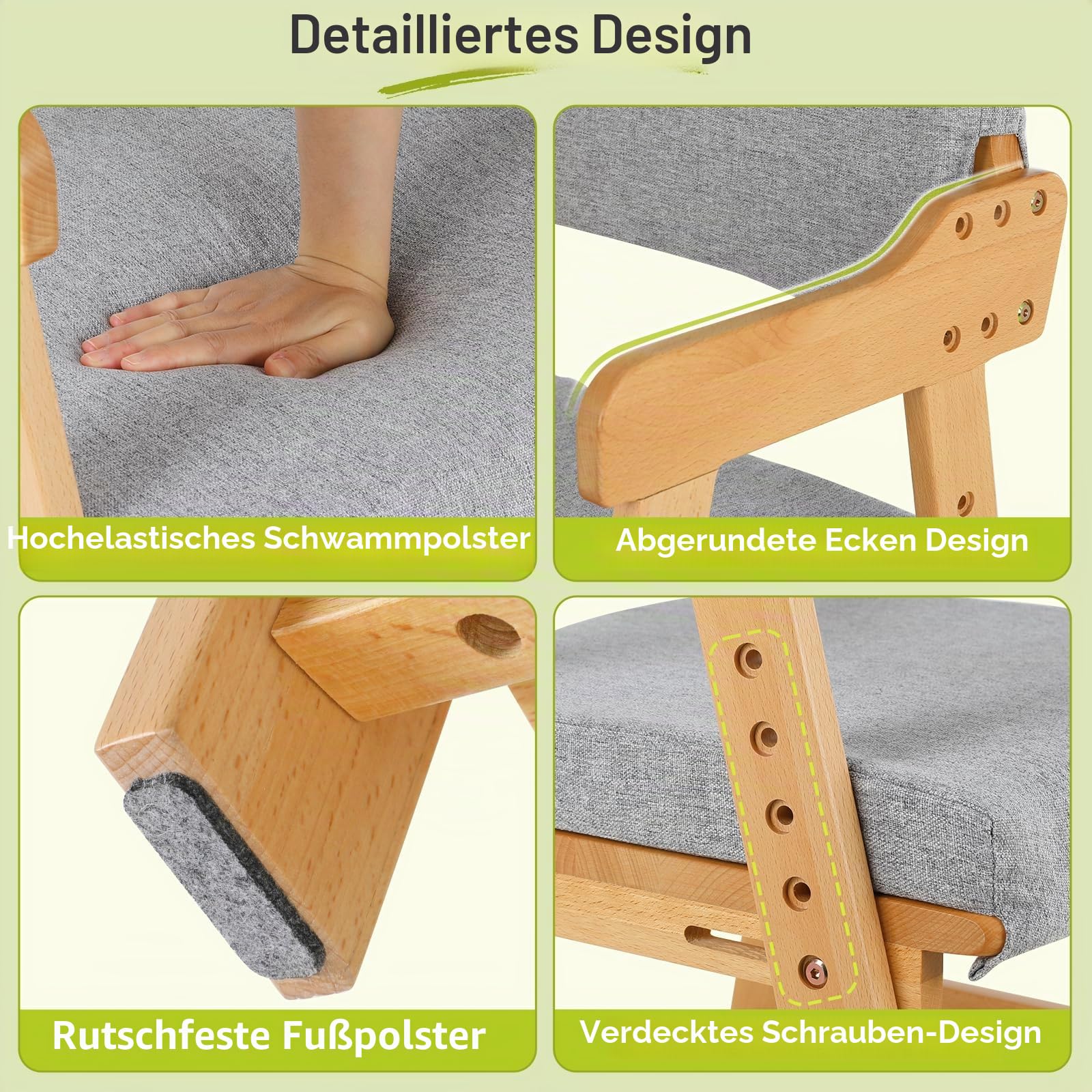 Clevich Buchenholz Kinderstuhl, Schreibtischstuhl für Kinder ab 3 Jahren, höhenverstellbar, mit abnehmbarem Sitzkissen, stabil und sicher bis 120 kg, zum Essen und Lernen, Naturholzfarbe