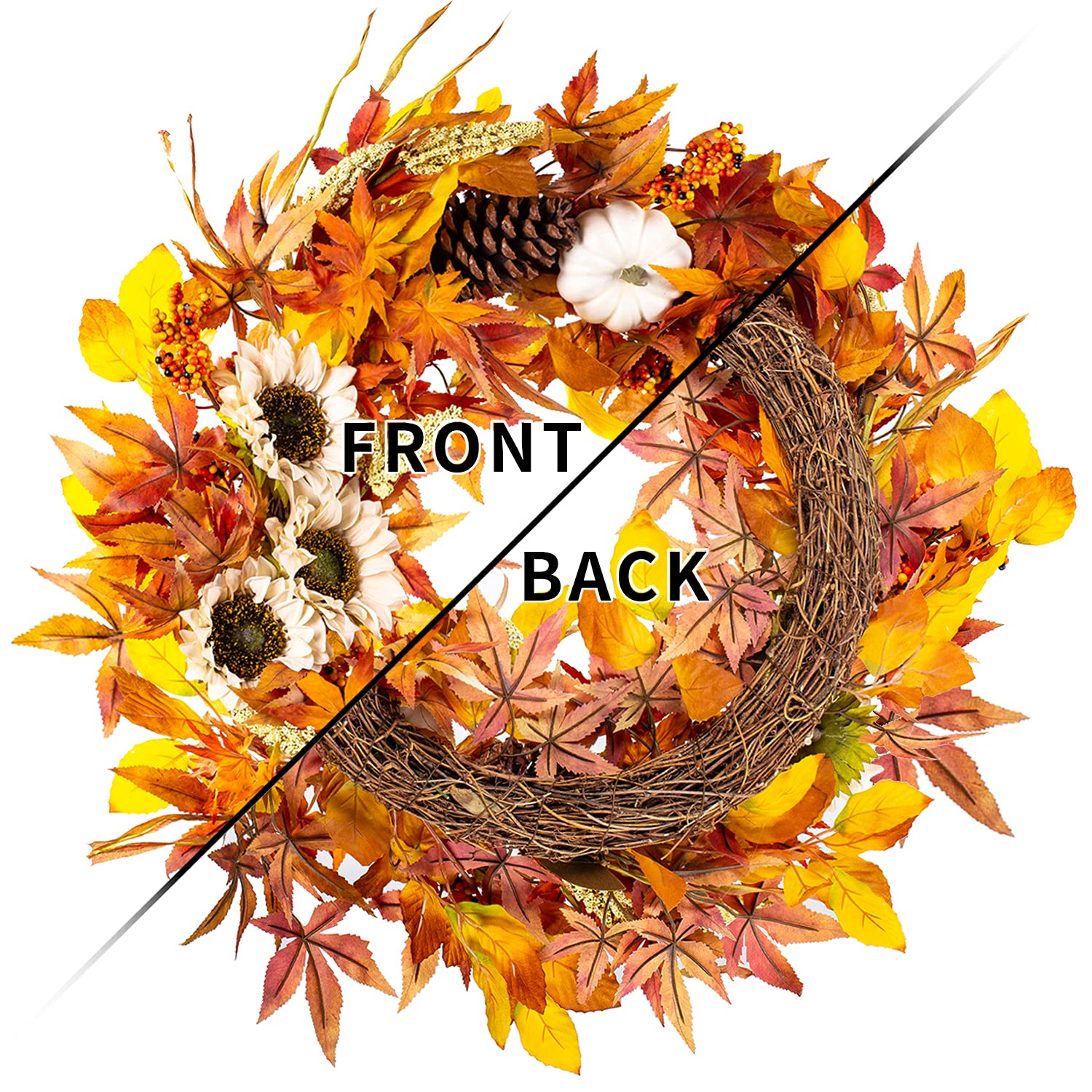 WANNA-CUL Ghirlanda autunnale da 61 cm per porta d'ingresso con zucca bianca, girasoli bianchi, grano, pigna e foglie d'acero, grande ghirlanda per porta del raccolto per decorazione autunnale o del