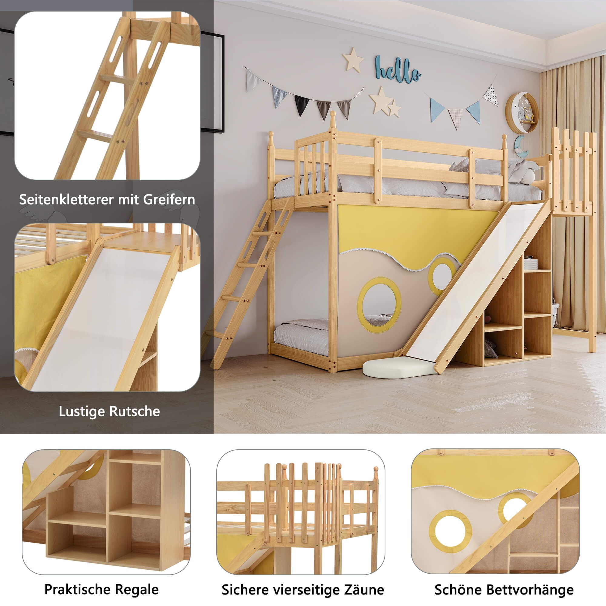 Dolamaní Hoogslaper voor kinderen, 90 x 200 cm, met bureau en banken, stapelbed met lattenbodem en valbeveiliging, bed met 2 opbergvakken, houten bed (wit