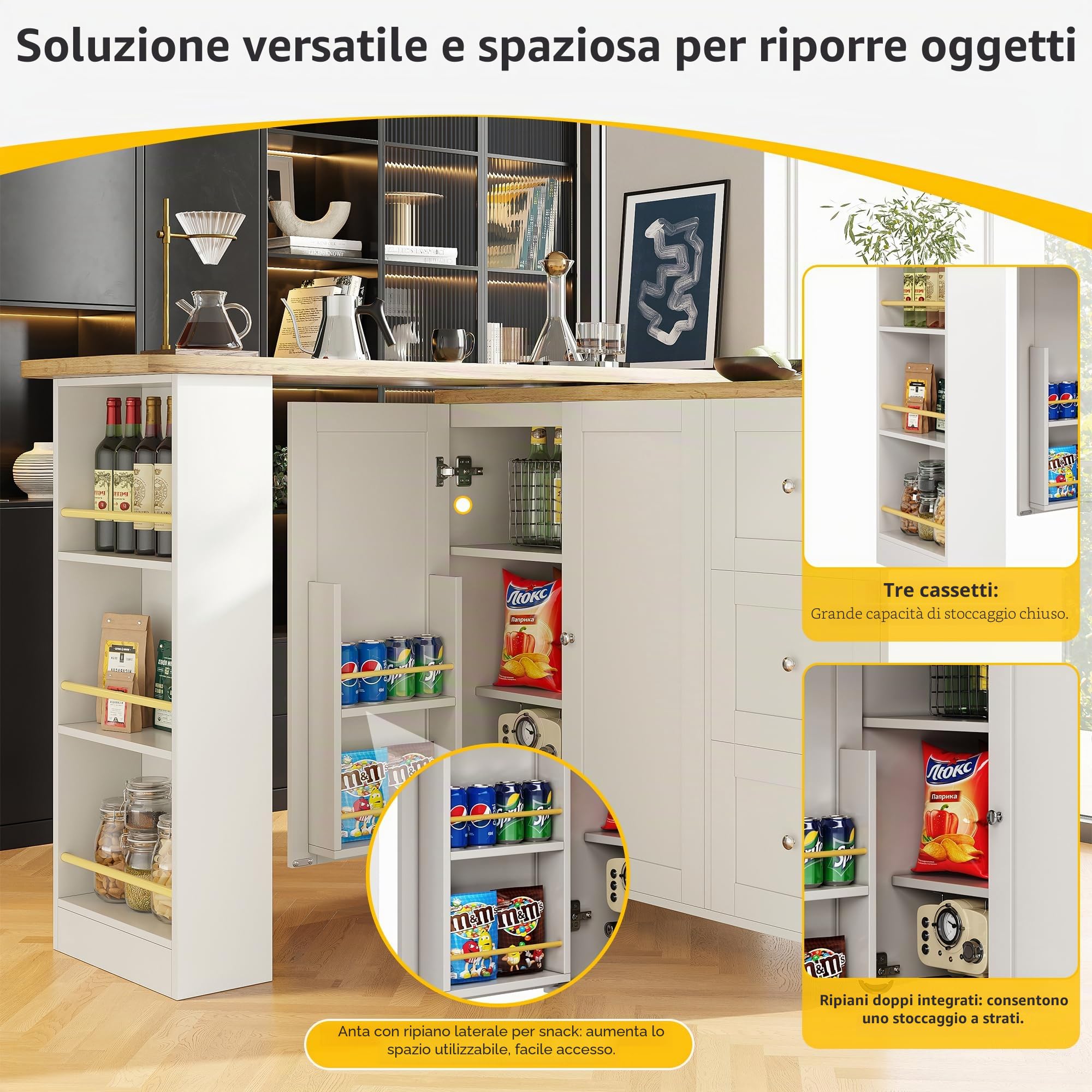 SogesHome Tavolo da bar girevole a 360° con isola della cucina, carrello da cucina su ruote con 3 cassetti, 2 porte, porta snack e ripiano laterale per cucina, sala da pranzo, soggiorno, 138-209 x 39