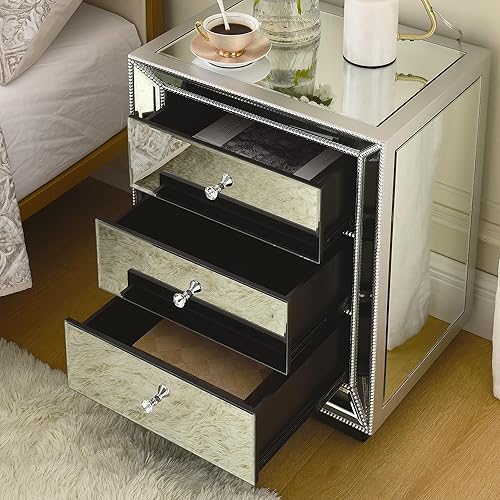 Miniatura 101 de SSLine Mesa auxiliar cuadrada con espejo con luces LED, mesita de noche con espejo, mesa auxiliar de espejo con acabado plateado para dormitorio,