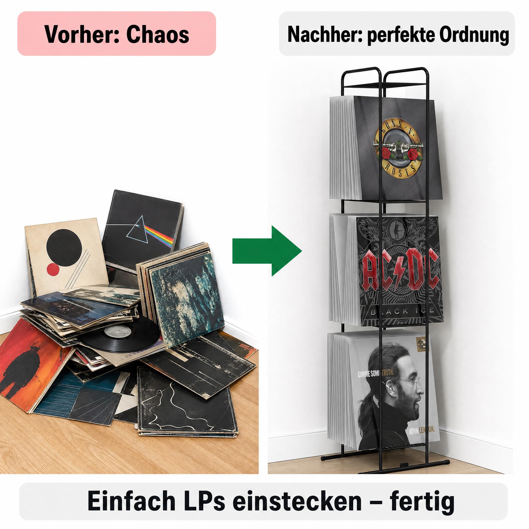 Zomo VS-Rack Vinya 150 Schallplattenständer – 300 x 190 x 1155 mm - Schwarz - 3 Ebenen Vinylregal aus Stahl – Design LP Standregal für bis zu 150 Schallplatten