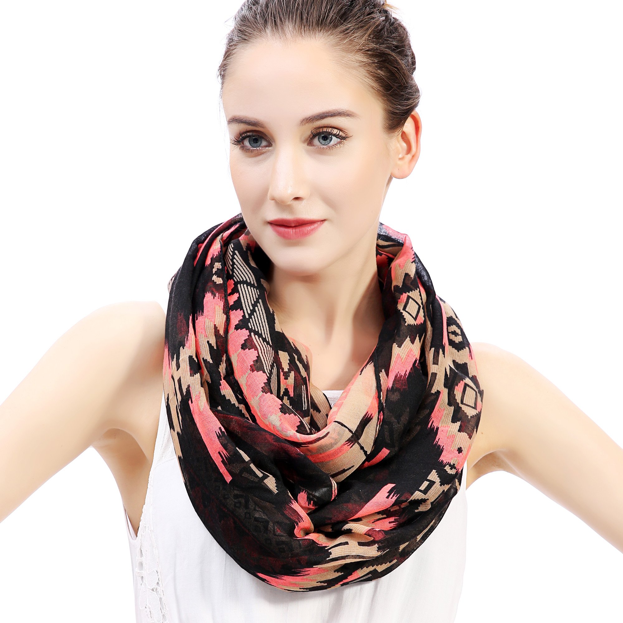 Lina & Lily Women's Neon Pink, Beige, Black Ethnic Aztec Tribal Geometric Print Infinity Scarf Snood Lightweight (Neon Pink, Beige, Black)