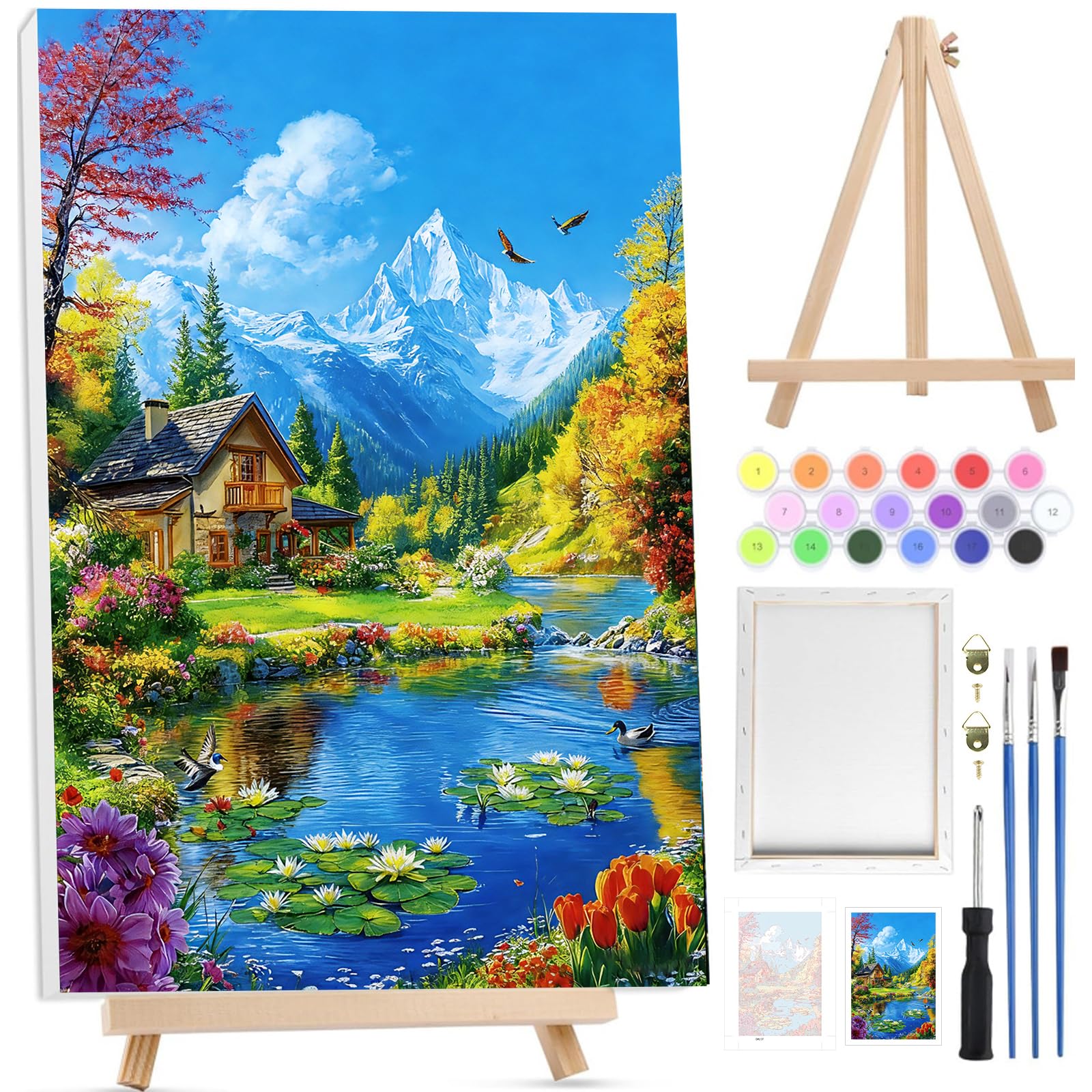 Bowetile Village Paint by Numbers for Adults with Framed Canvas&Wooden Easel,Scenery Painting by Numbers Kit Adults Beginners Canvas Kit,Color Oil Painting Acrylic Paints for Home Wall Decor20x30cm