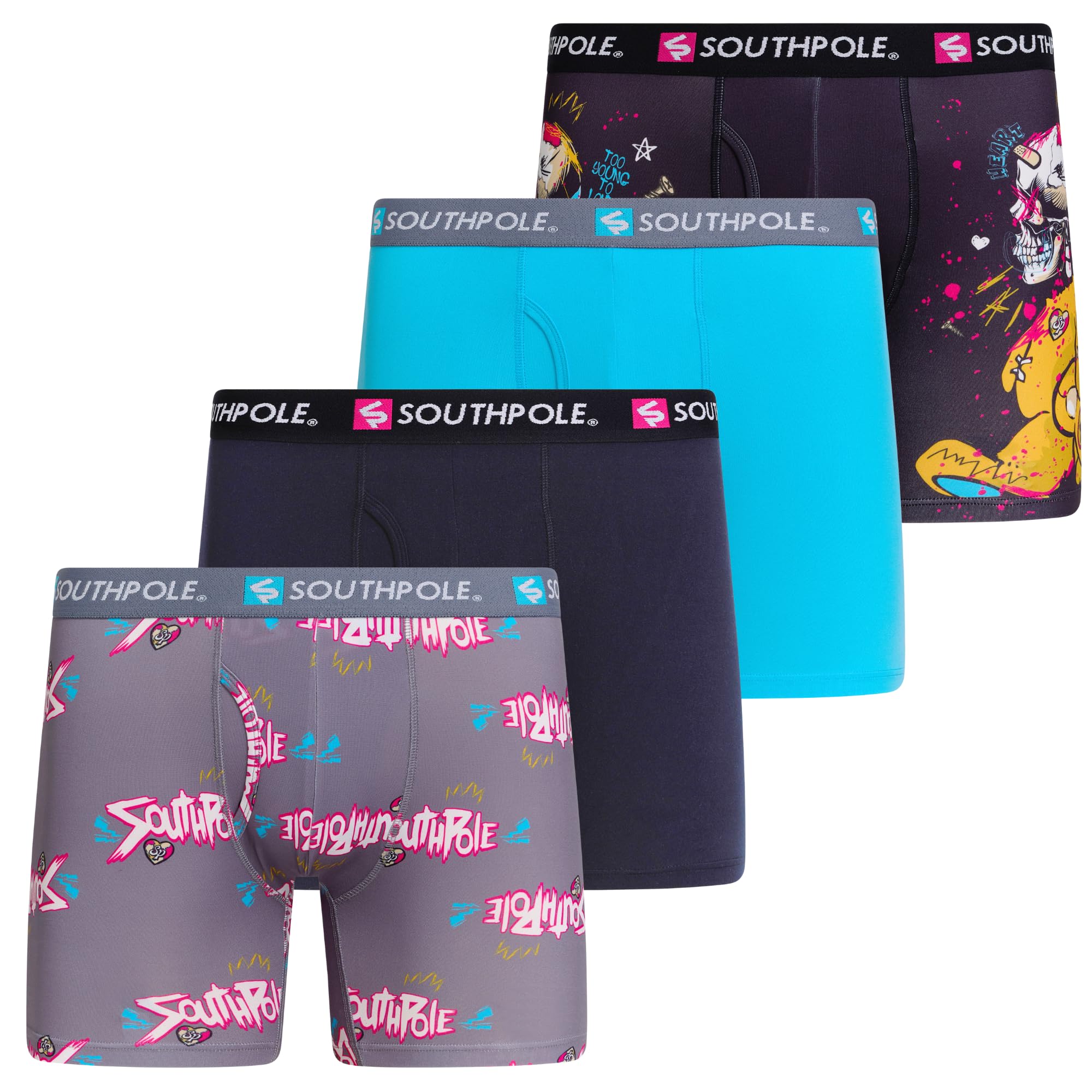 Southpole Boxer Briefs for Men Pack of 4 with 6" Inseam - Brushed Polyester Contour Pouch Athletic Moisture Wicking Underwear, Combo1, XXL