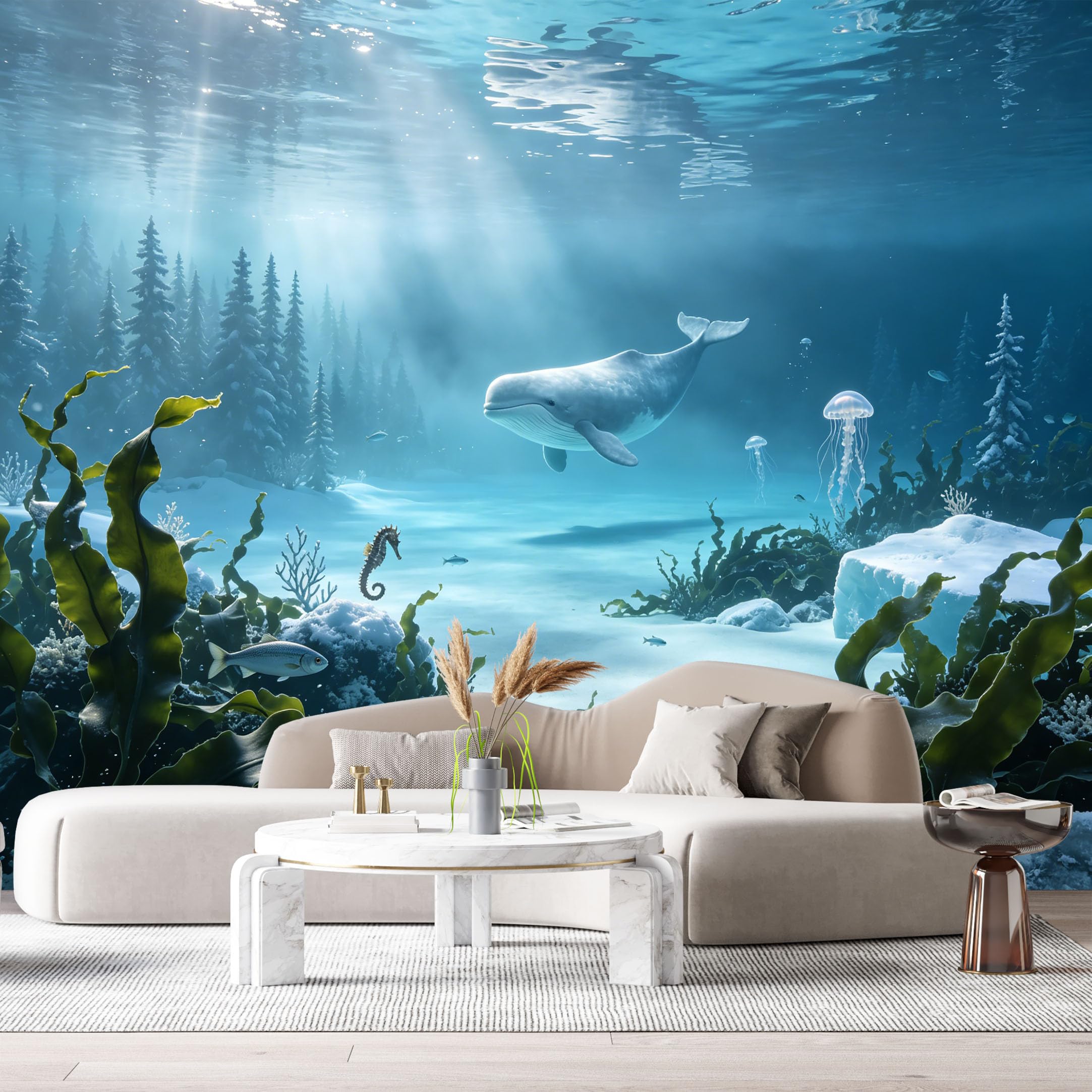 Custom Size Wall Murals Ocean Marine 3D Trompe L'Oeil Whale Jellyfish Underwater World SelfAdhesiveWall Fabric Removable Wallpaper Wall Decor for Living Room Bedroom Bathroom