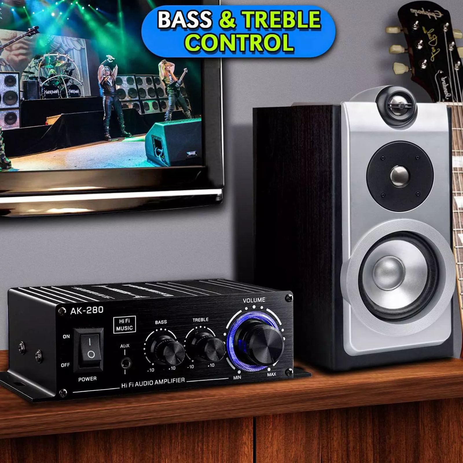 2-Channel HIFI Stereo Audio Digital Power Amplifier RCA & AUX Input Support Treble Bass Adjustment for Home Audio System