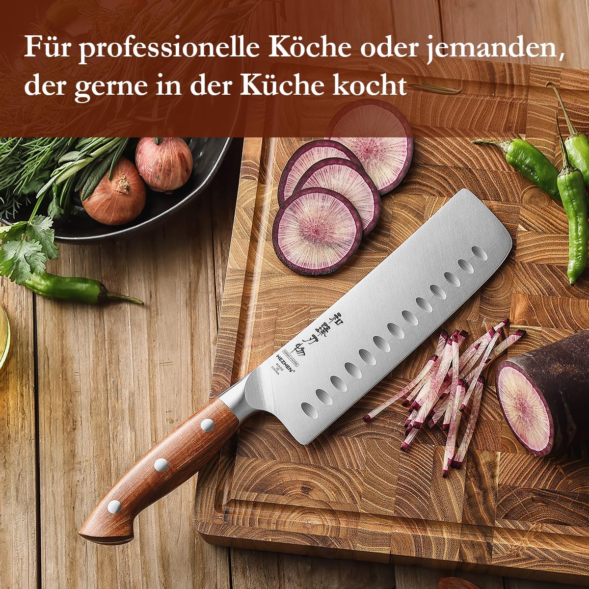 HEZHEN Rostfreier Stahl Nakiri Messer, Japanischer Stil Hackbeil Messer, Hartstahl Mehrzweckmesser Asiatisches Kochmesser Zum Schneiden von Fleisch und Gemüse，Griff aus Redwood