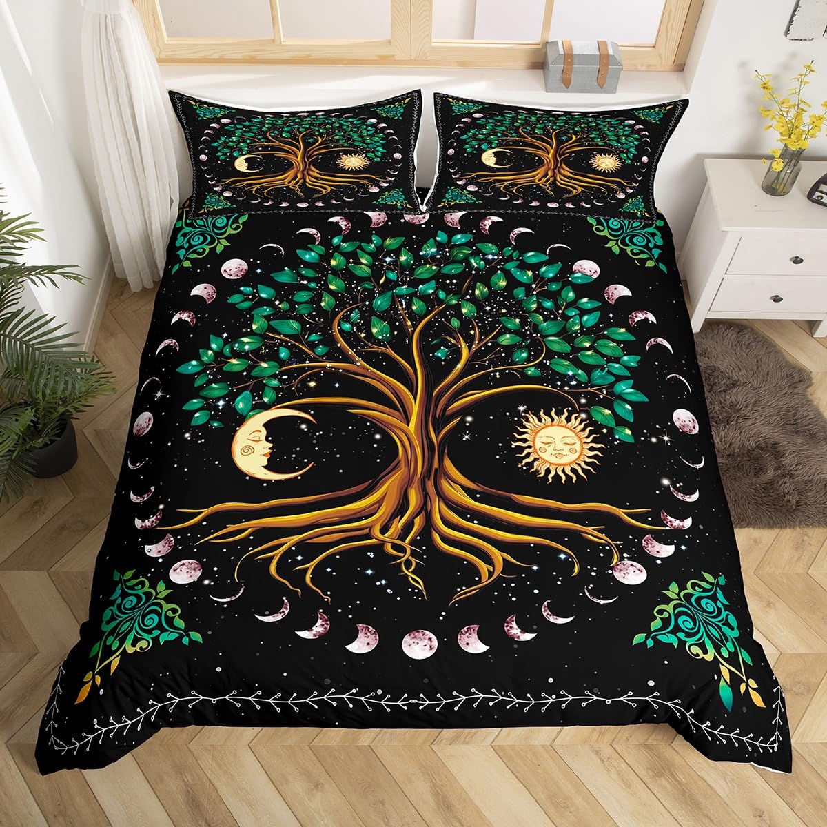 Tree Artwork Kids Duvet Cover Set Queen Size,Sun Moon Starry Sky Galaxy Trippy Bedding Set,Boys Girls Adults Room Decor,Boho Exotic Psychedelic
