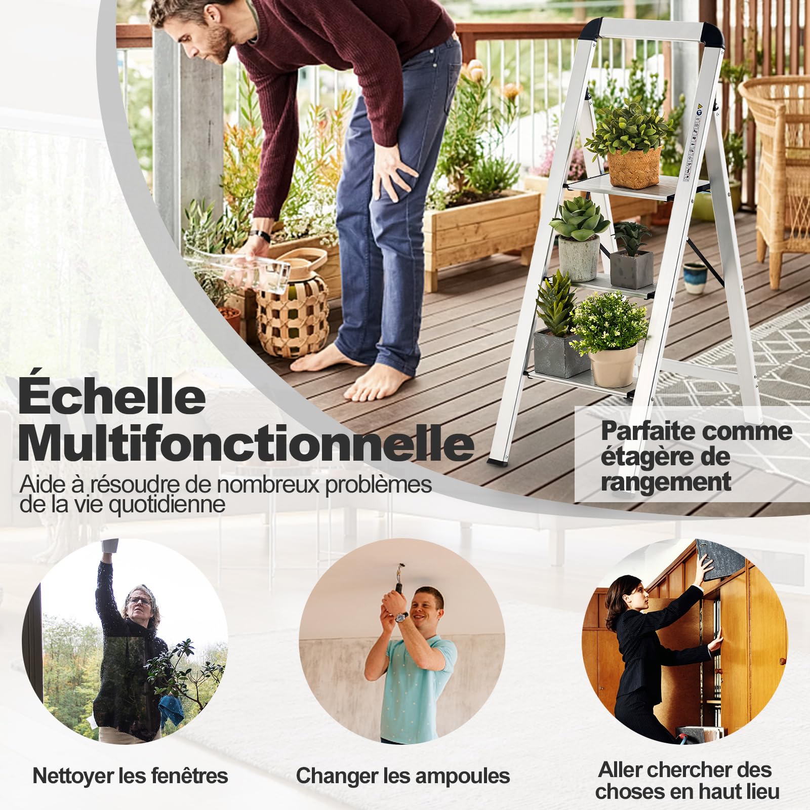 GYMAX Escabeau 3 Marches Pliable, Charge 150 kg, Marchepied en Aluminium, avec Pédale Large & Pieds Antidérapants, Portable & Léger, pour Maison, Bureau, Garage
