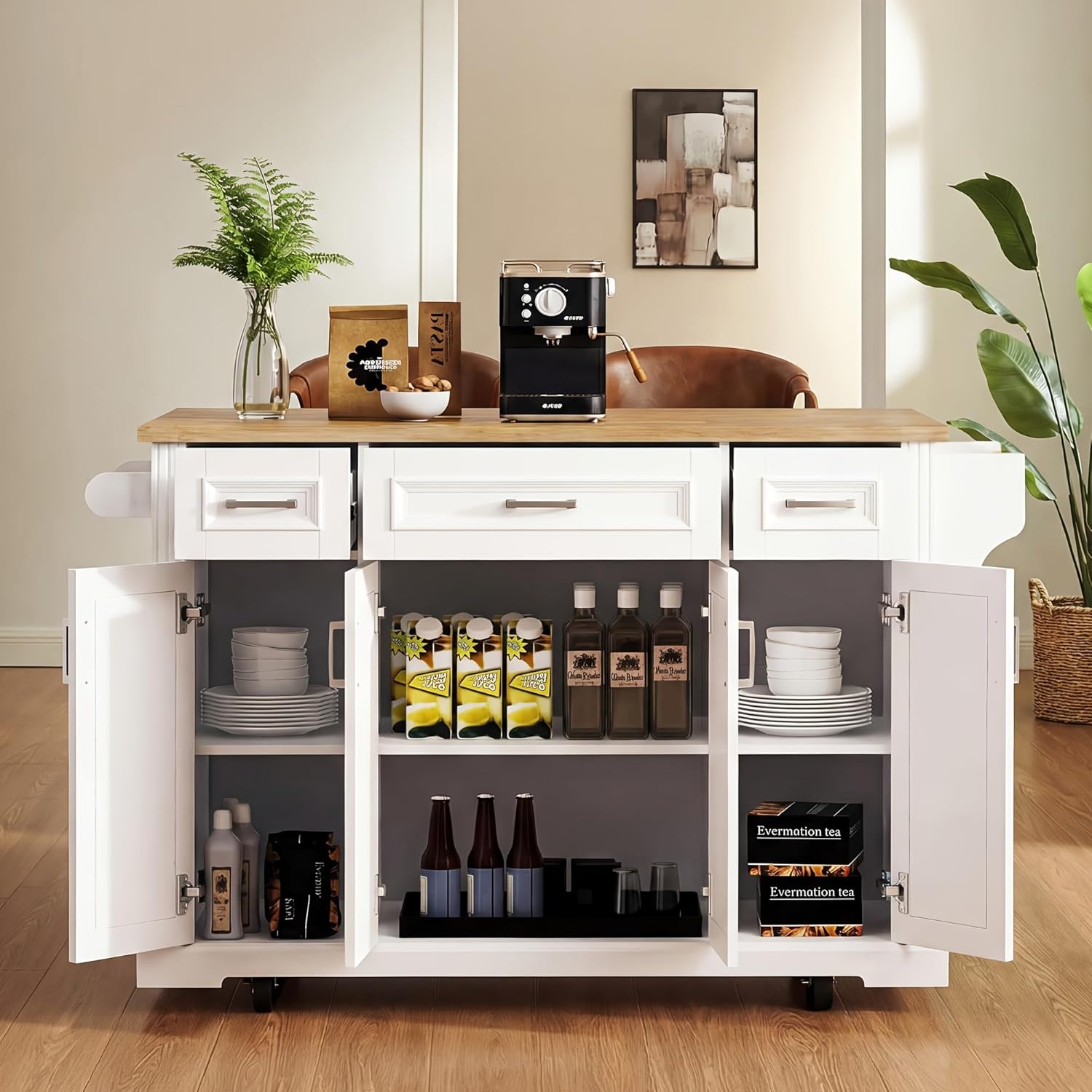 Large Kitchen Island with Rubber Wood Drop Leaf, Rolling Kitchen Cart with Ample Storage on Wheels with Doors and Drawers, Embossed Texture for Dining Room (54Inch, White, Silver Handle)