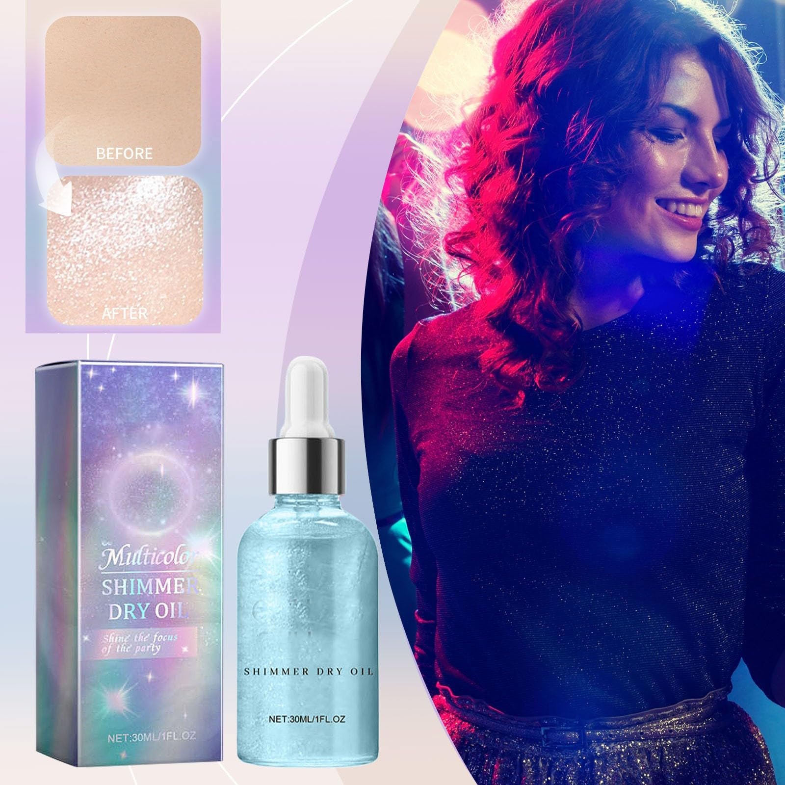 Orphic Shimmer Dry Oil, Orphic Body Shimmer, Body Glitter Oil, Glow Recipe, wielokolorowy, wodoodporny, długotrwały puder brokatowy na festiwal, maskaradę, urodziny (B)