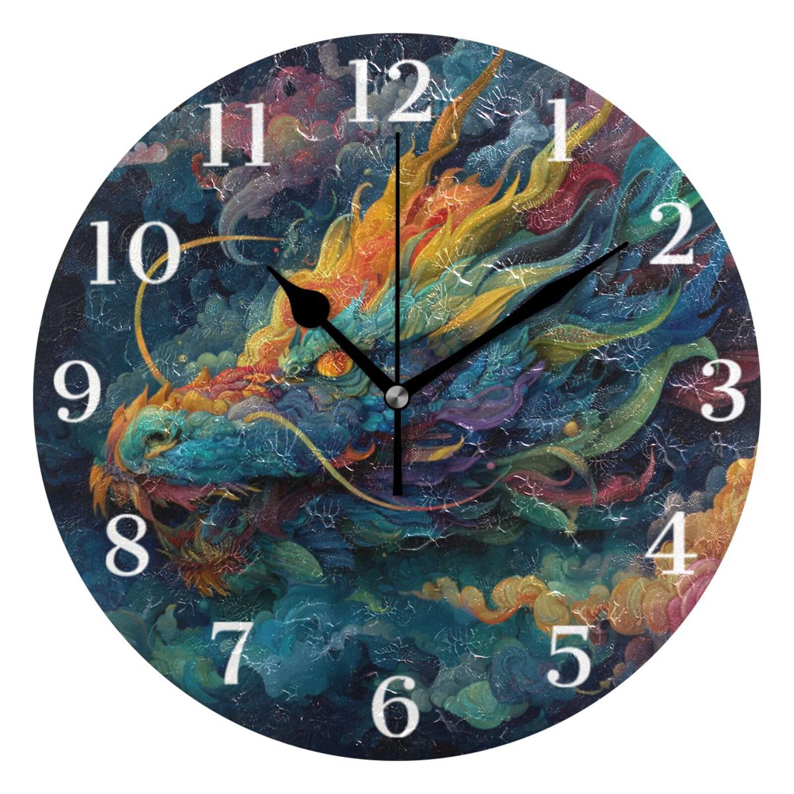 Ensound Colorful Dragon Wall Clock Silent Non-Ticking Battery Operated Clocks 12 Inch for Kitchen Home Living Room