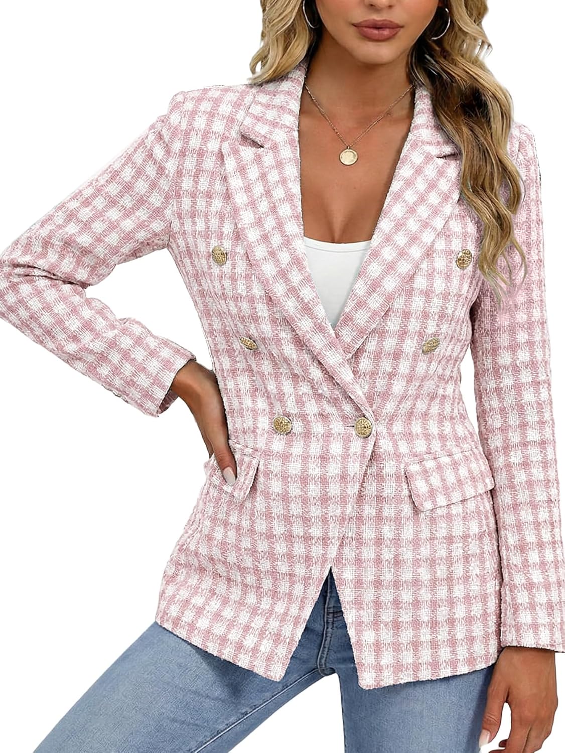 Mina Self 2026 Spring Women's Tweed Plaid Blazer Jacket - Double-Breasted Fully-Lined Slim Petite Cute Casual Work Pocket - Image 3