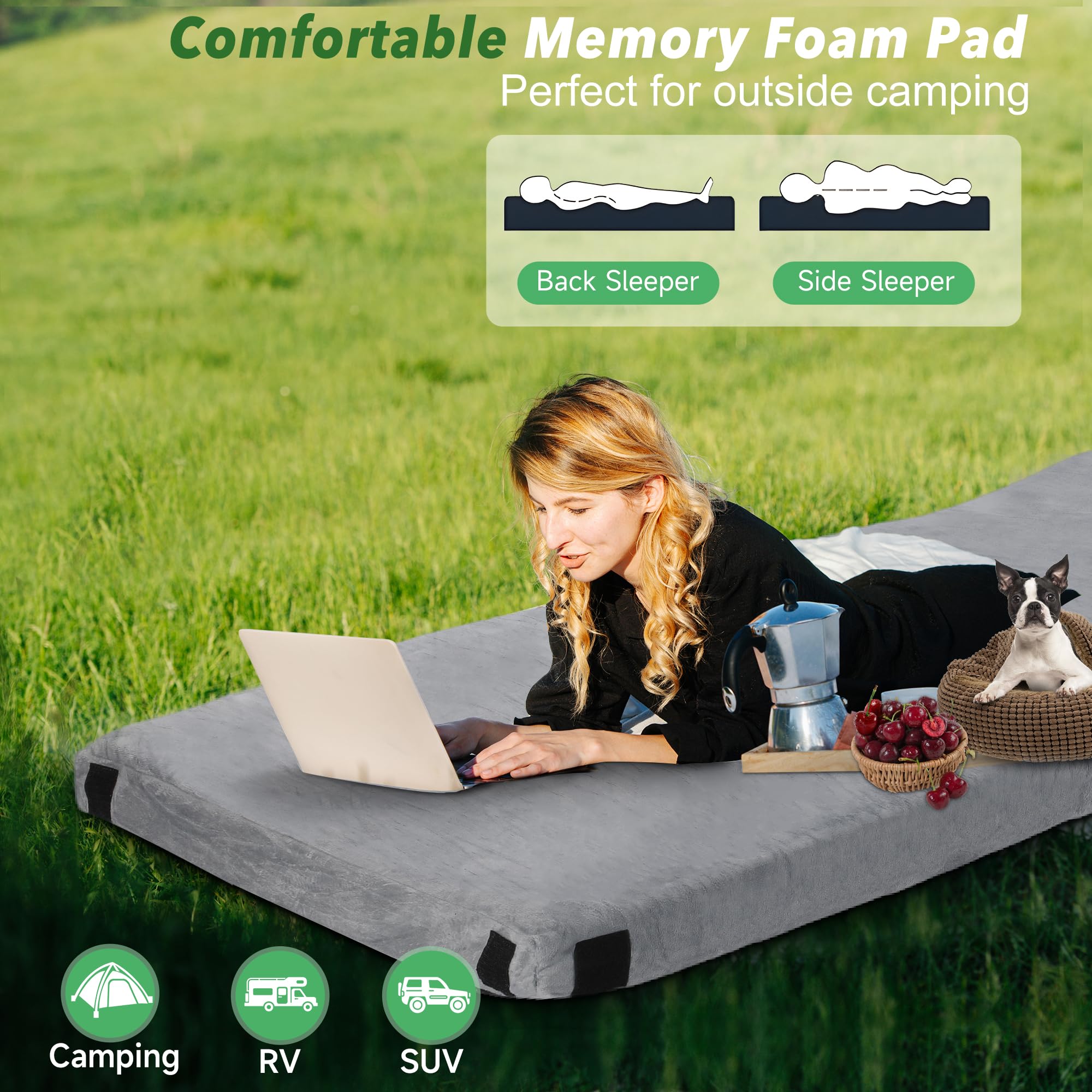 Rengue Memory Foam Camping Mattress, 3" Thick Portable & Lightweight Sleeping Pad, Waterproof Non-Slip Roll Up Camping Floor Mat Guest Bed for Kids, Adults with Travel Bag, 75"×30"×3", Grey