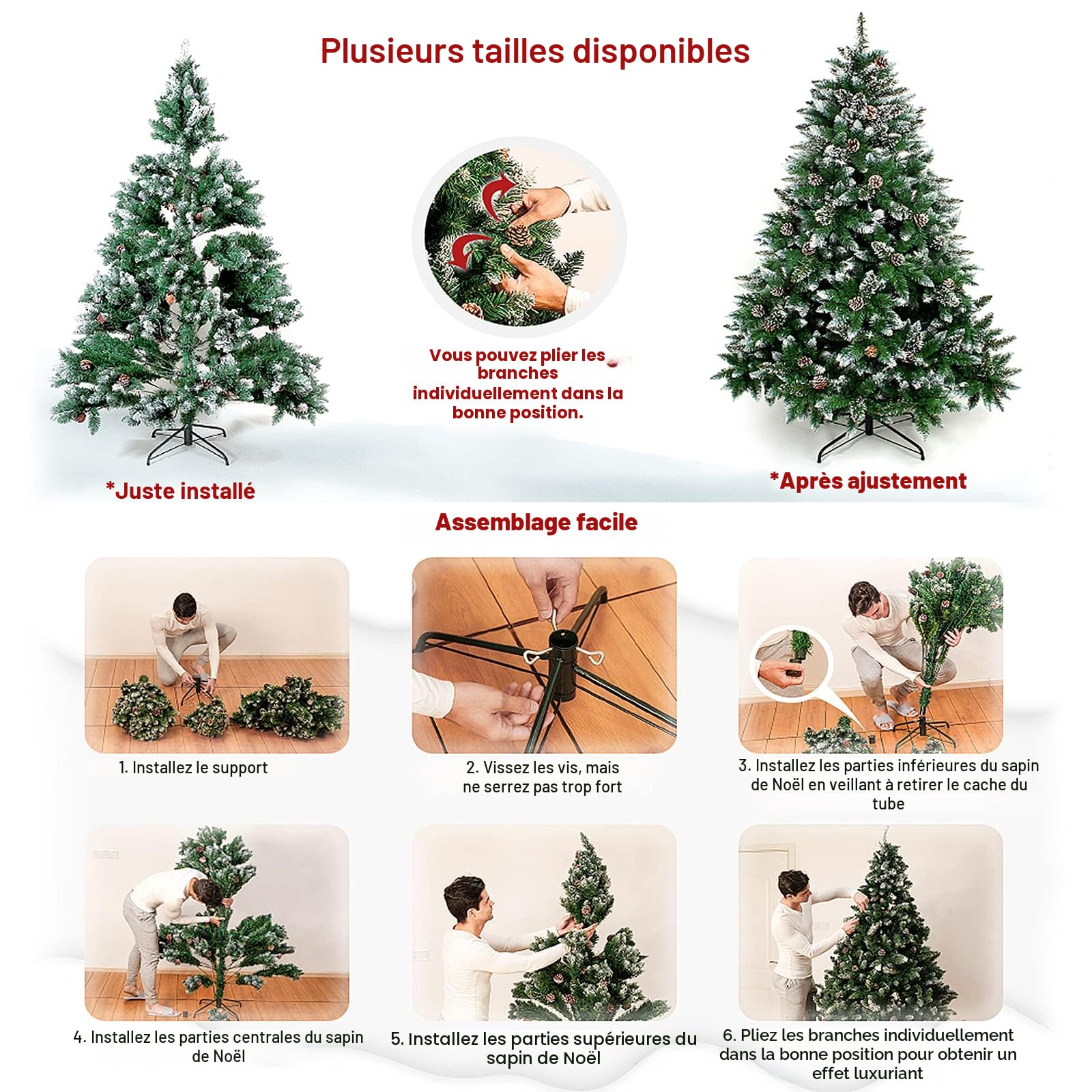 LILIIN Sapin de Noël artificiel avec éclairage - 150 cm - Blanc et vert - Effet neige + pommes de pin - En PVC - Avec support (1,5 m, avec éclairage)