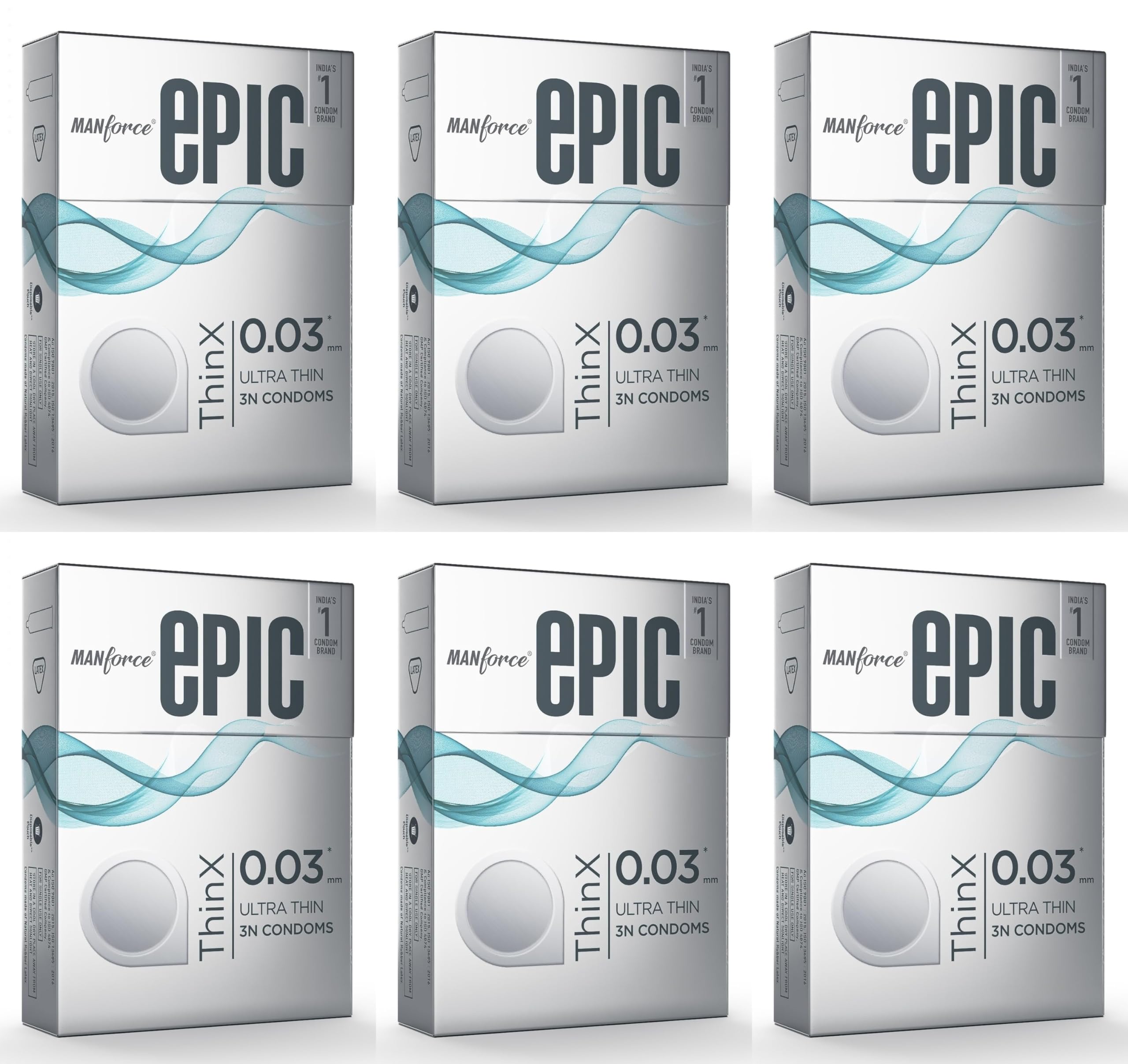 Manforce Epic ThinX Ultra Thin Condoms for Men - 3 Count| 0.03mm| Vegan| No Harsh Chemicals| With Disposable Pouch| Easy Peel Pack x Pack of 6