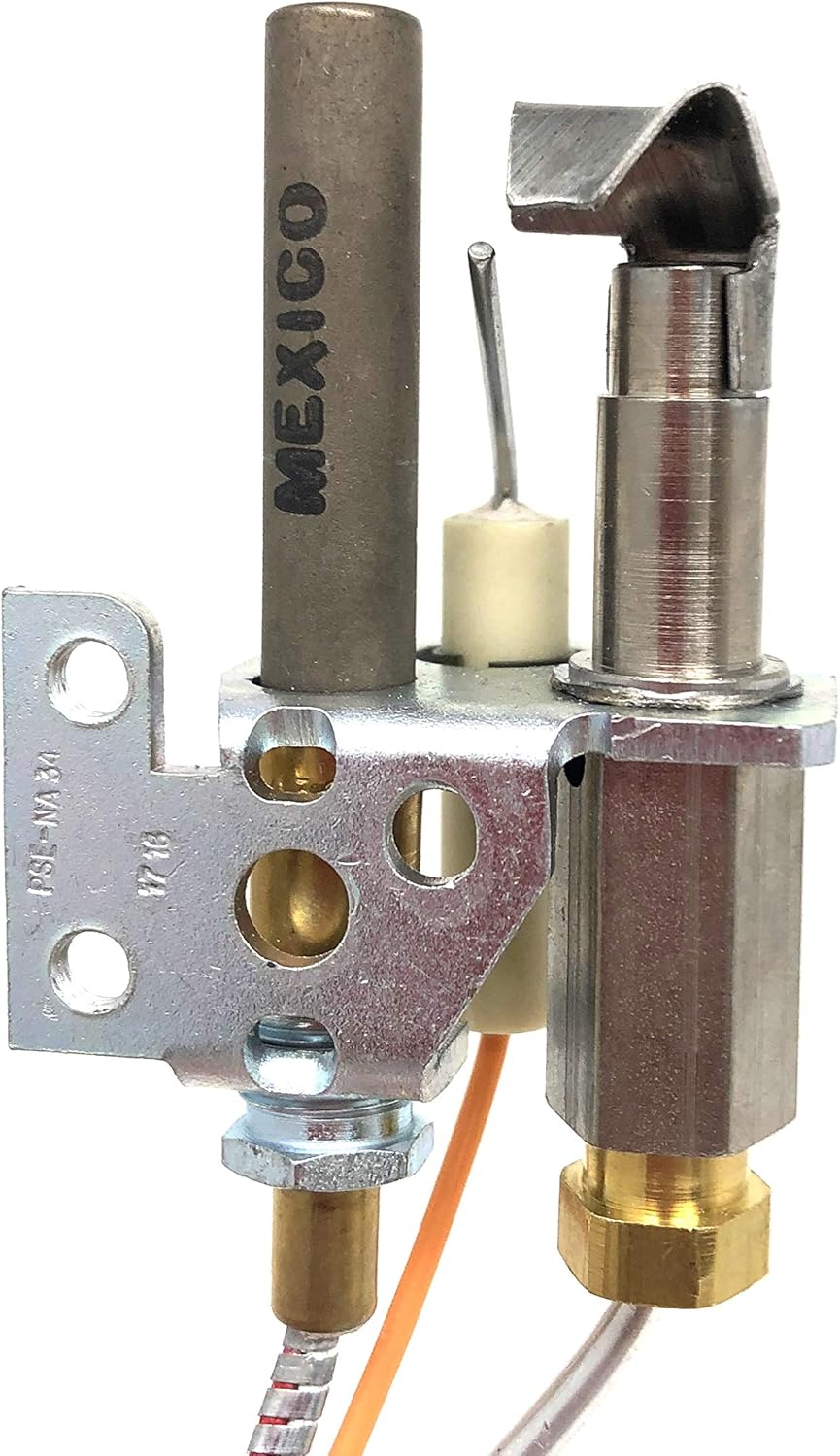 Close-up of pilot assembly components including pilot burner, igniter, and mounting bracket