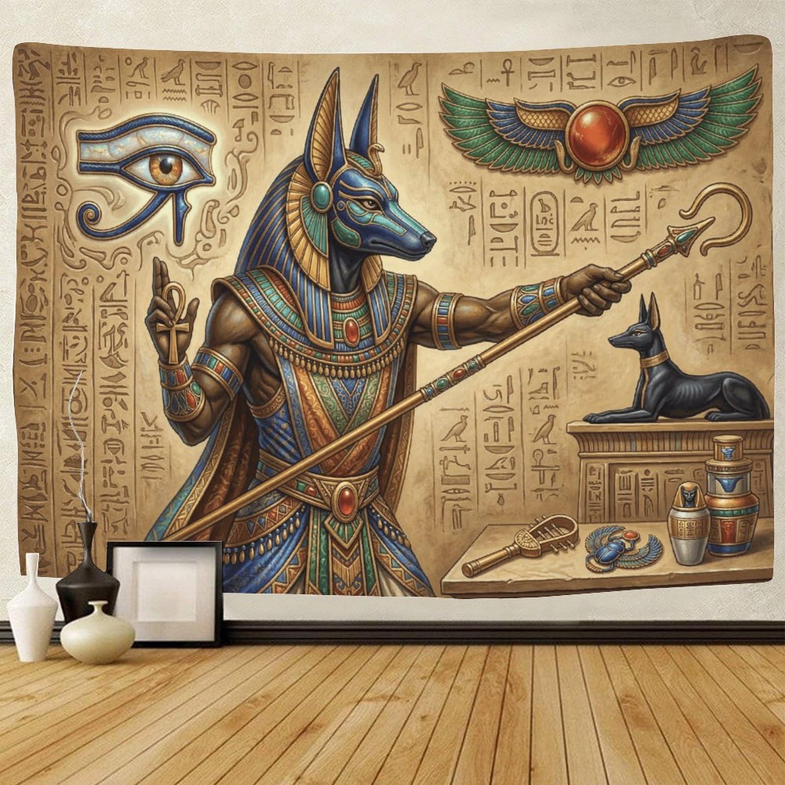 GPMNBCXZK Egyptian Anubis Wall Tapestry Hieroglyph 3D Print Home Decor for Living Room and Bedroom 180cmx230cm