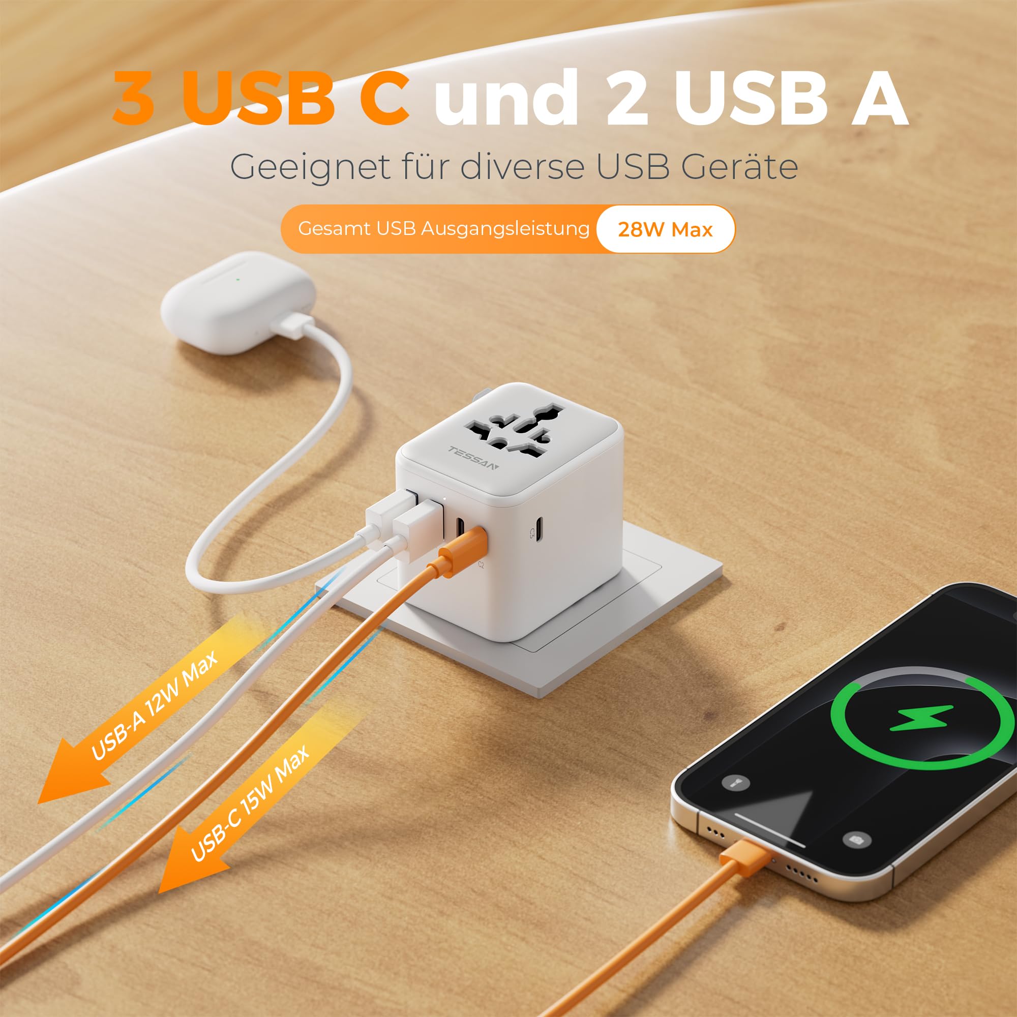 TESSAN Reiseadapter Weltweit, Universal Reiseadapter mit 2 USB A und 3 USB C, Internationaler Steckdosenadapter, Reisestecker Adapter Weltweit für USA England Japan Thailand Australien, Travel Adapter