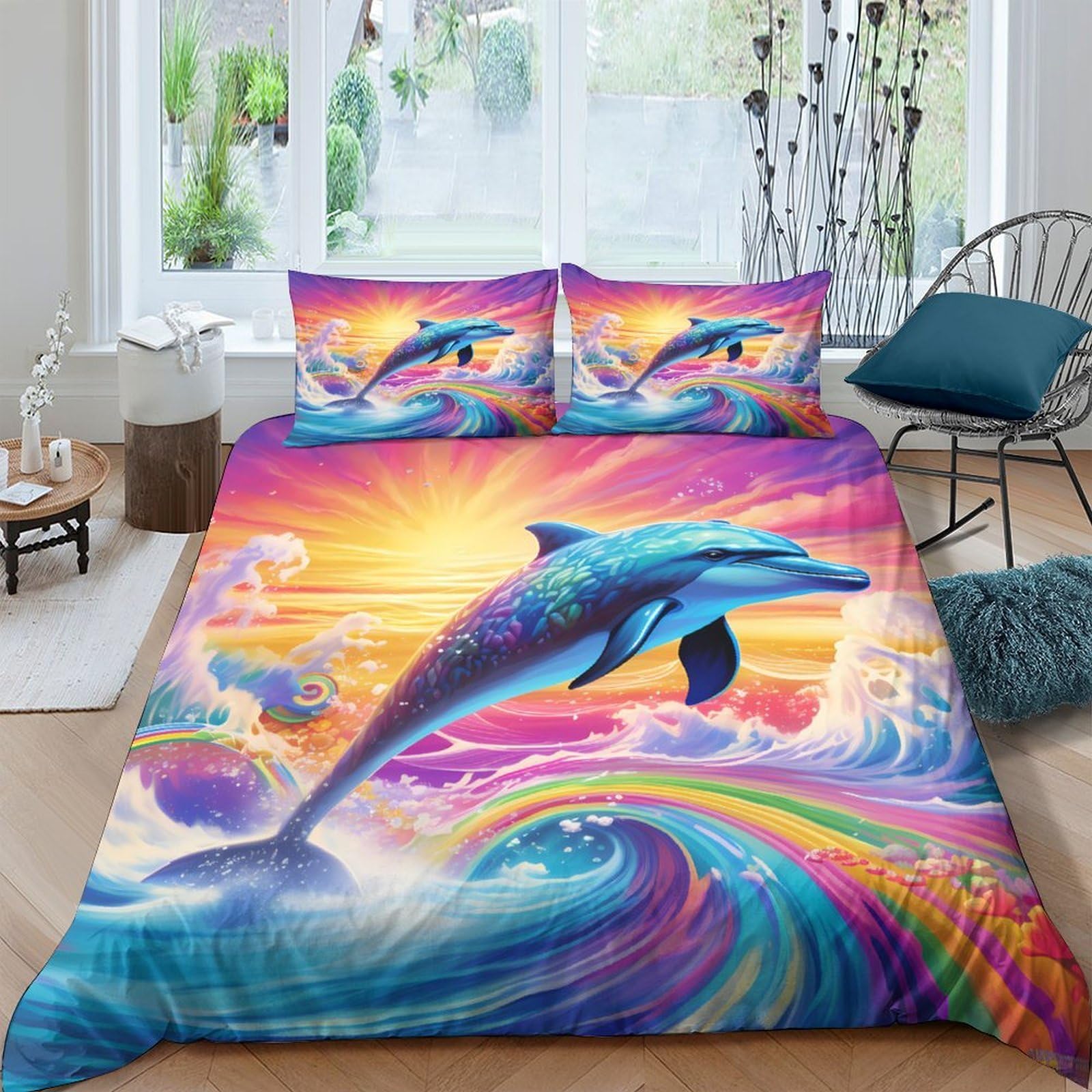 Ctjqhvkz Style-3 3D Printed Dolphin Sunset Fitted Sheet Microfiber Soft Anti-Slip Rainbow Wave Mattress Cover For Bedroom Home Decor Single（135X200cm）