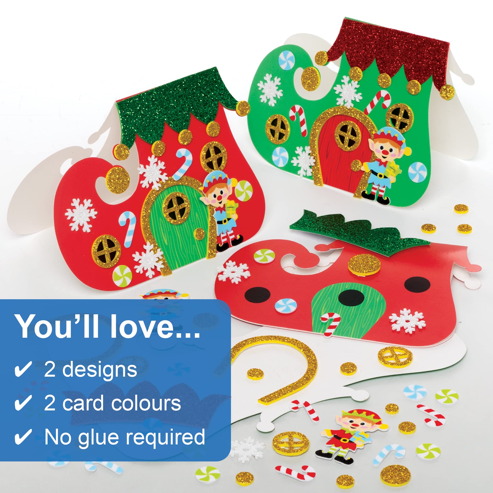 Baker Ross FE968 Kits de Tarjetas de Bota de Elfo Navideño - Paquete de 6, Haz tus Propias Tarjetas Navideñas, Ideales para Proyectos de Manualidades para Niños
