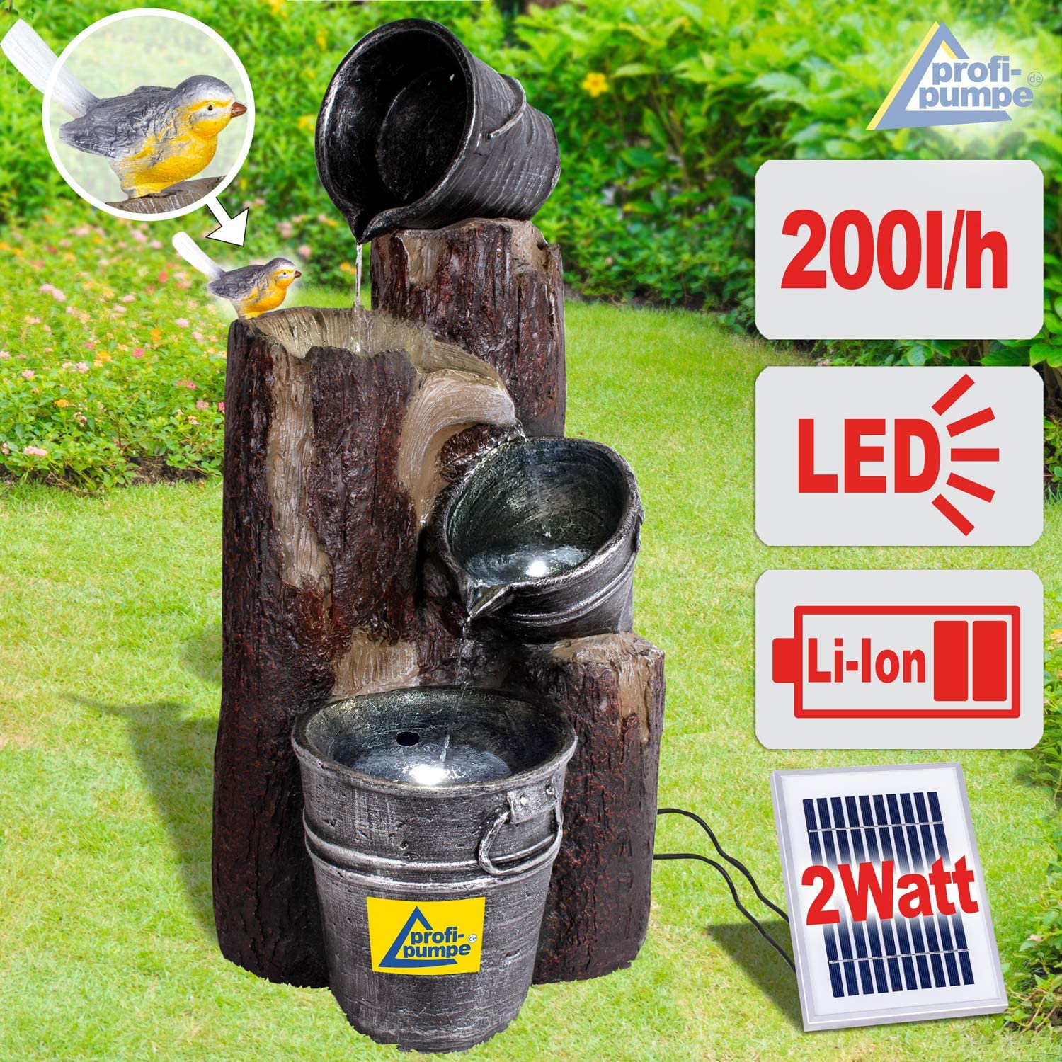 Fontaine Cascade de Jardin Solaire Autonome avec Batterie Li-ION et Lumière LED Pretty Bird 76 cm