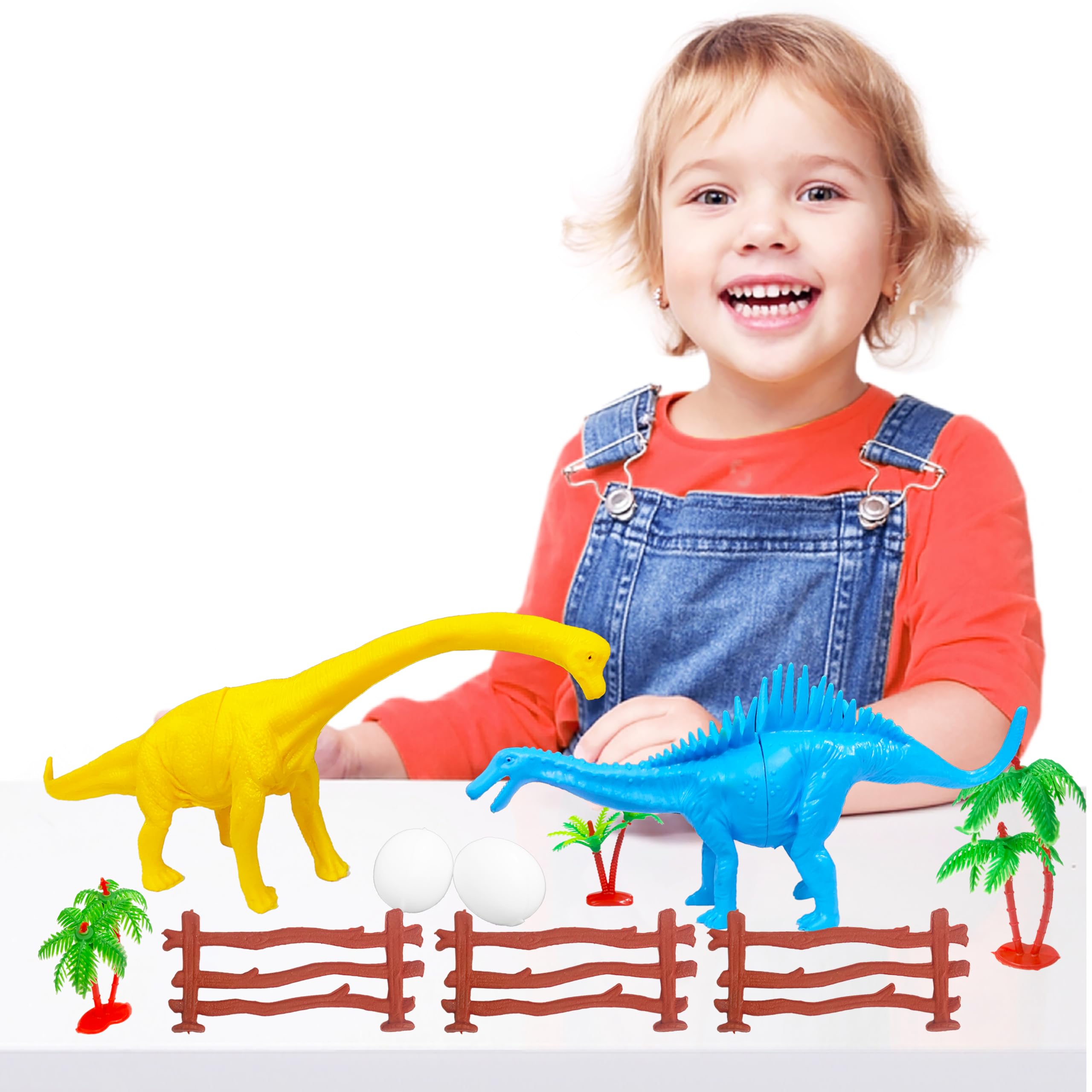 VGRASSP 2 Pcs Big Dinosaur Family Play Toy for Kids - 30 cm Long Wild Animal Toy Figure Playset with Artificial Eggs, Trees and Fences - Birthday Return Gift for Boys and Girls - Multicolor