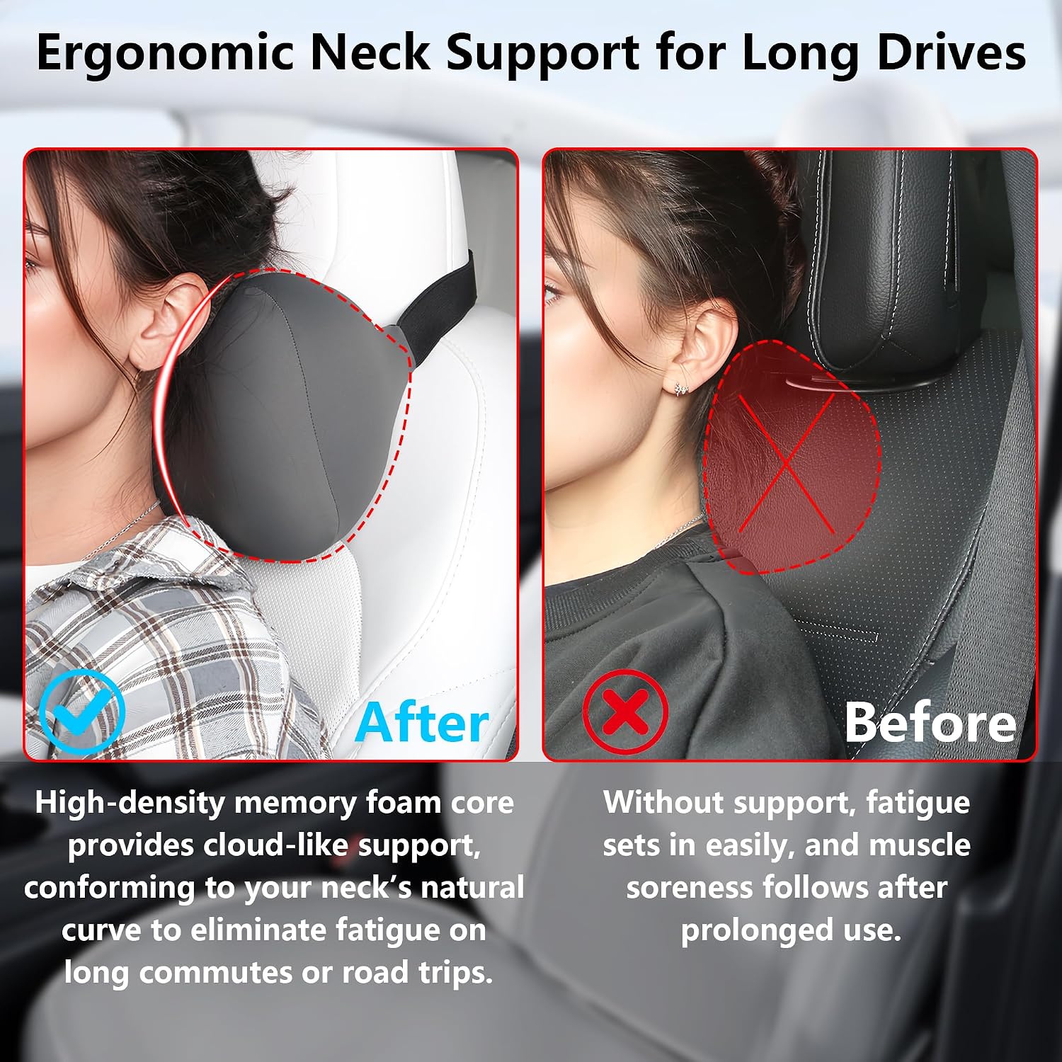 2 Pack Car Headrest Pillow for Neck Support, Breathable Ergonomic Design, Memory Foam Car Headrest Cushion Relieve Neck Pain, Universal Fit Cars SUV Sedan Home Office (Grey)