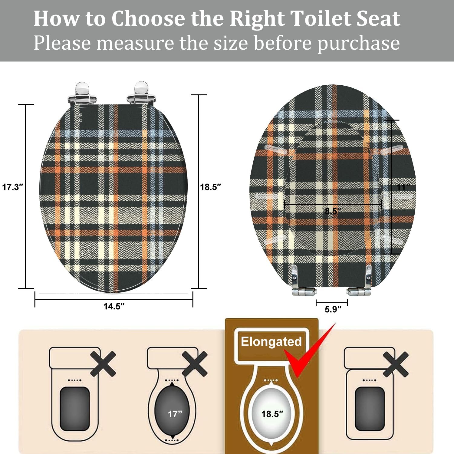 Elongated Toilet Seat Plaid pattern orange blue brown beige for autumn winter Seamless Resin Toilet Seat Quietly Close Quick Release Hinges with Cover Bumpers Decorative Easy to Install Clean