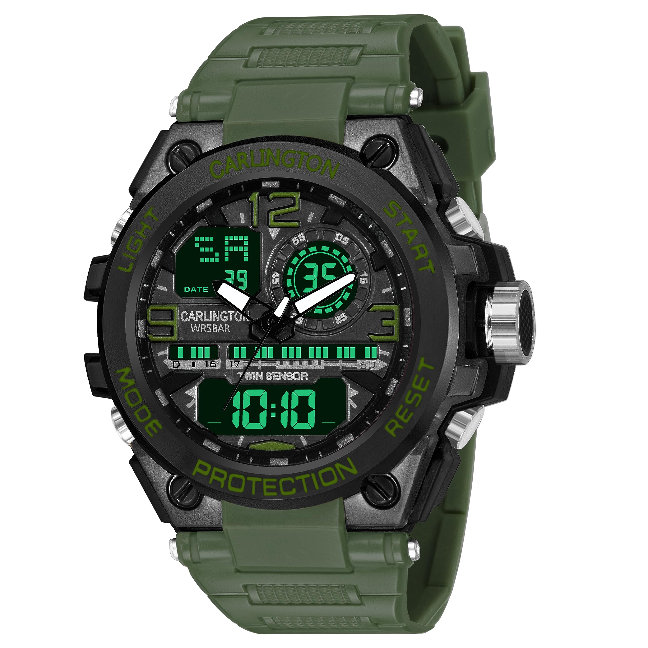 Carlington Analog-Digital Sports Watch: Chronograph, Dual Time, Alarm, Stopwatch, Resin Water-Resistant, Shock-Resistant, Back Light Display- The Perfect Watch for Men and Boys - CT3377 (Green) (B0CFFW8XKM) Amazon Price History, Amazon Price Tracker