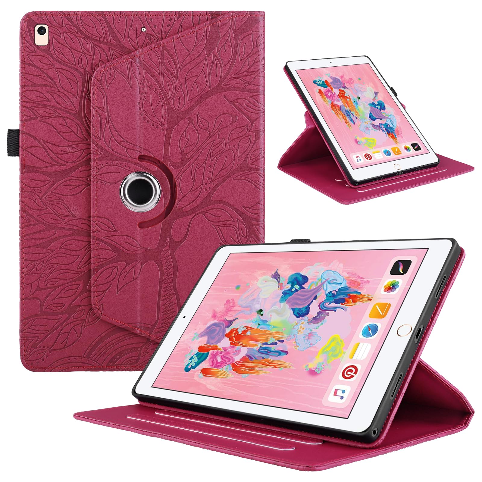 Hülle für iPad 9,7 Zoll (6./5. Generation, 2018/2017),iPad Air 2, iPad Air Premium PU Leder Multi-Winkel 360 Grad Drehbare Leichte Schutzhülle Rotating Case Cover mit Stand Funktion, Rot