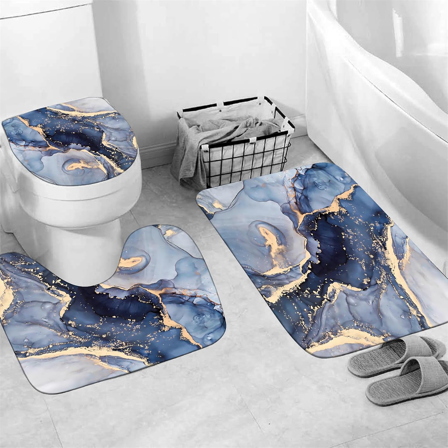 Nkzply 4 Pcs Blue Marble Shower Curtain Set Gold Bathroom Sets with Rugs