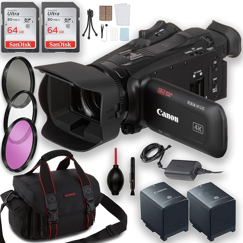 Canon Vixia HF G70 UHD 4K Camcorder + Extra Battery + 2pc 64GB Memory Cards + Filter Kit + Dust Blower + Case & More, Black (Renewed)