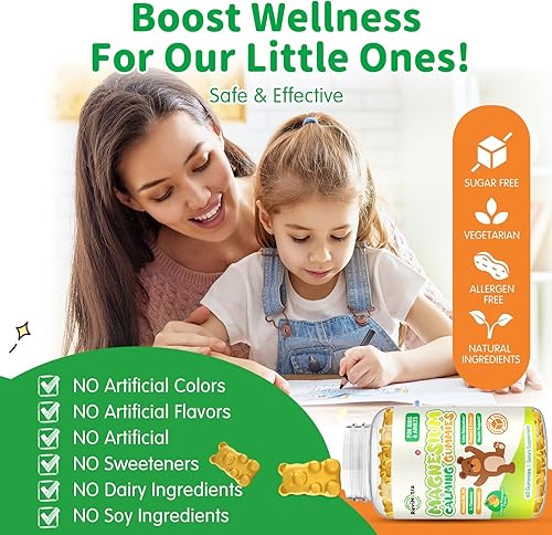 Miniatura 4 de Gomitas de magnesio para niños suplemento de glicinato de magnesio con L-teanina, vitamina B6, D3 para adultos y niños, magnesio calmante para