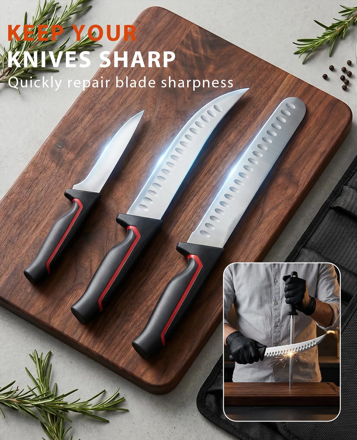 MOSFiATA Set Coltelli Macellaio con Borsa Trasporto: Coltello Prosciutto 30cm, Macellaio 25cm, Disossatore 15cm, Acciaino Affilatore, Ideale per Uso Domestico Cucina e Barbecue All’Aperto