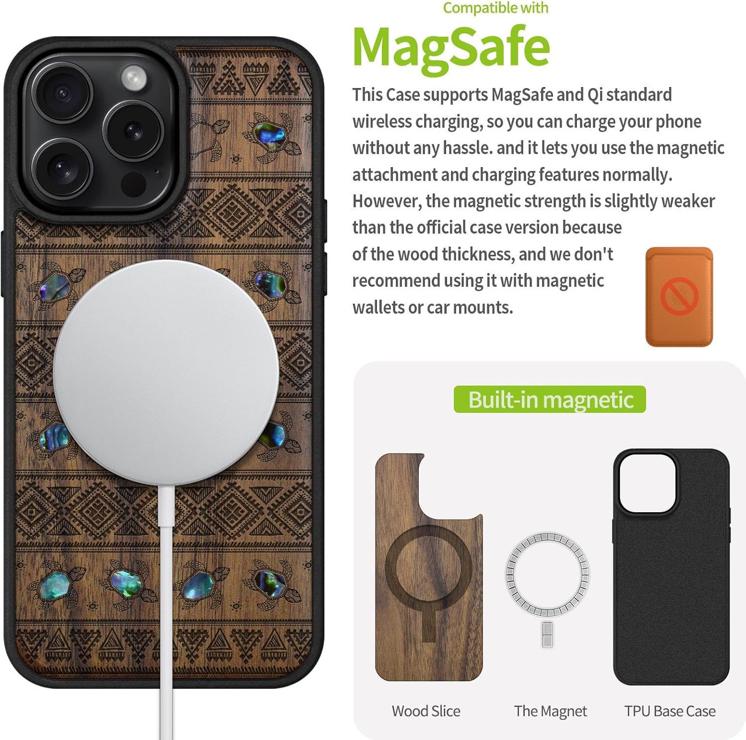 Carveit Magnetic Case for iPhone 16 Pro Max Case, Wood Artisan Engraved & Handmade Shell Inlaid, TPU Shockproof Cover, Compatible with MagSafe Wireless Chargers (Sami Turtles) Walnut