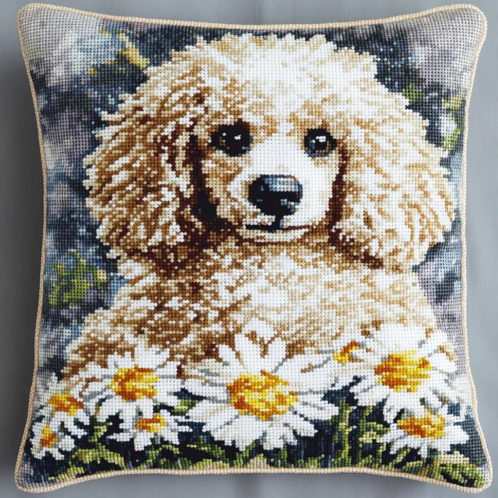 WallustrioaW Cross Stitch Pillow Cover Kit,Poodle in a Daisy Bush,Cross Stitch Cushion Pillow Cases 11CT Stamped Kit Handmade Cushion Cover Adults Beginner,18x18inch