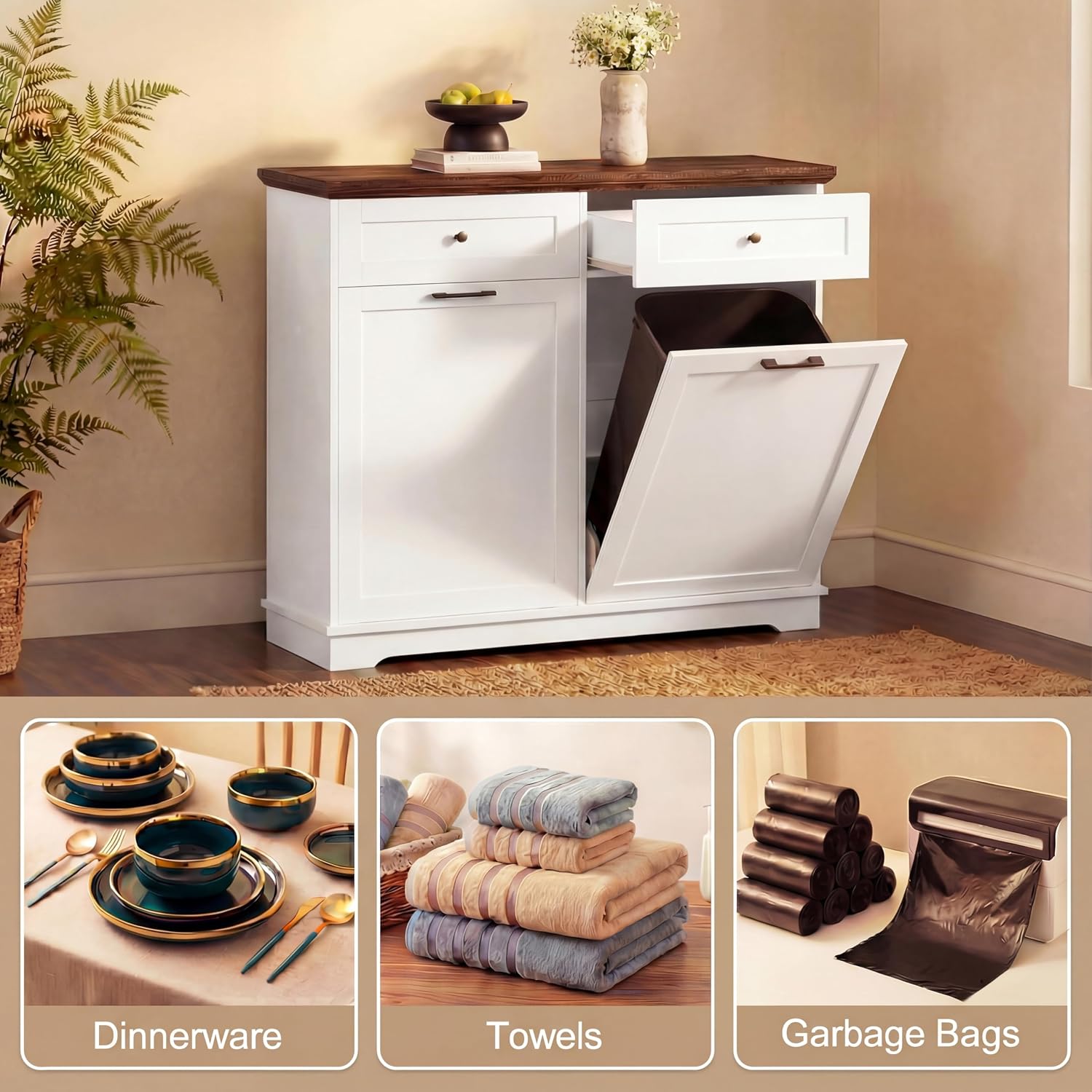 Double Tilt Out Trash Cabinet for 20 Gallon Trash Cans, Free Standing Recycling Cabinet with Hideaway Drawer, Barn Door Style Laundry Sorter for Kitchen, Antique White