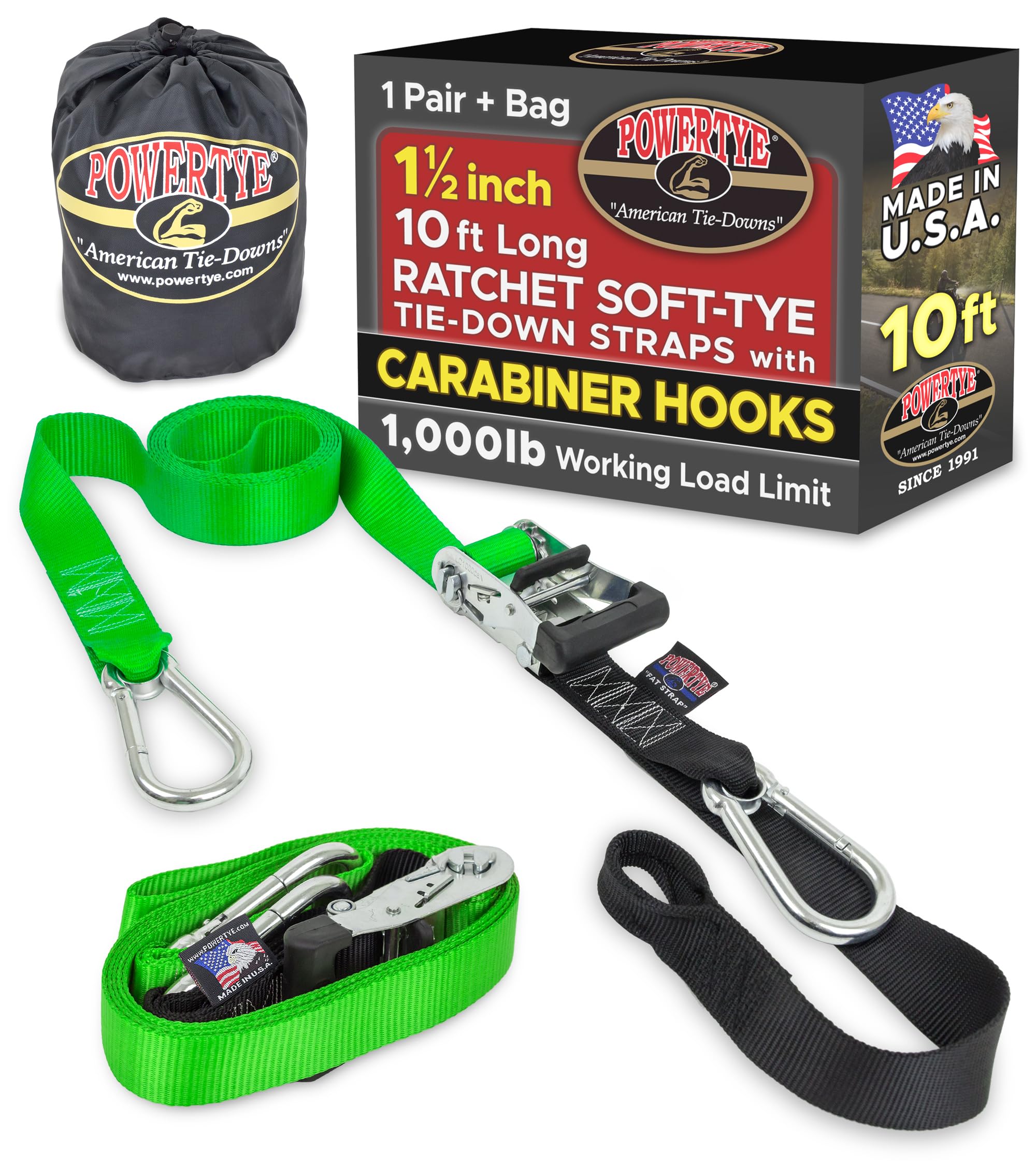 PowerTye 1.5 inch x 10ft Ratchet Straps w/Carabiners, Green/Black Pair+Bag