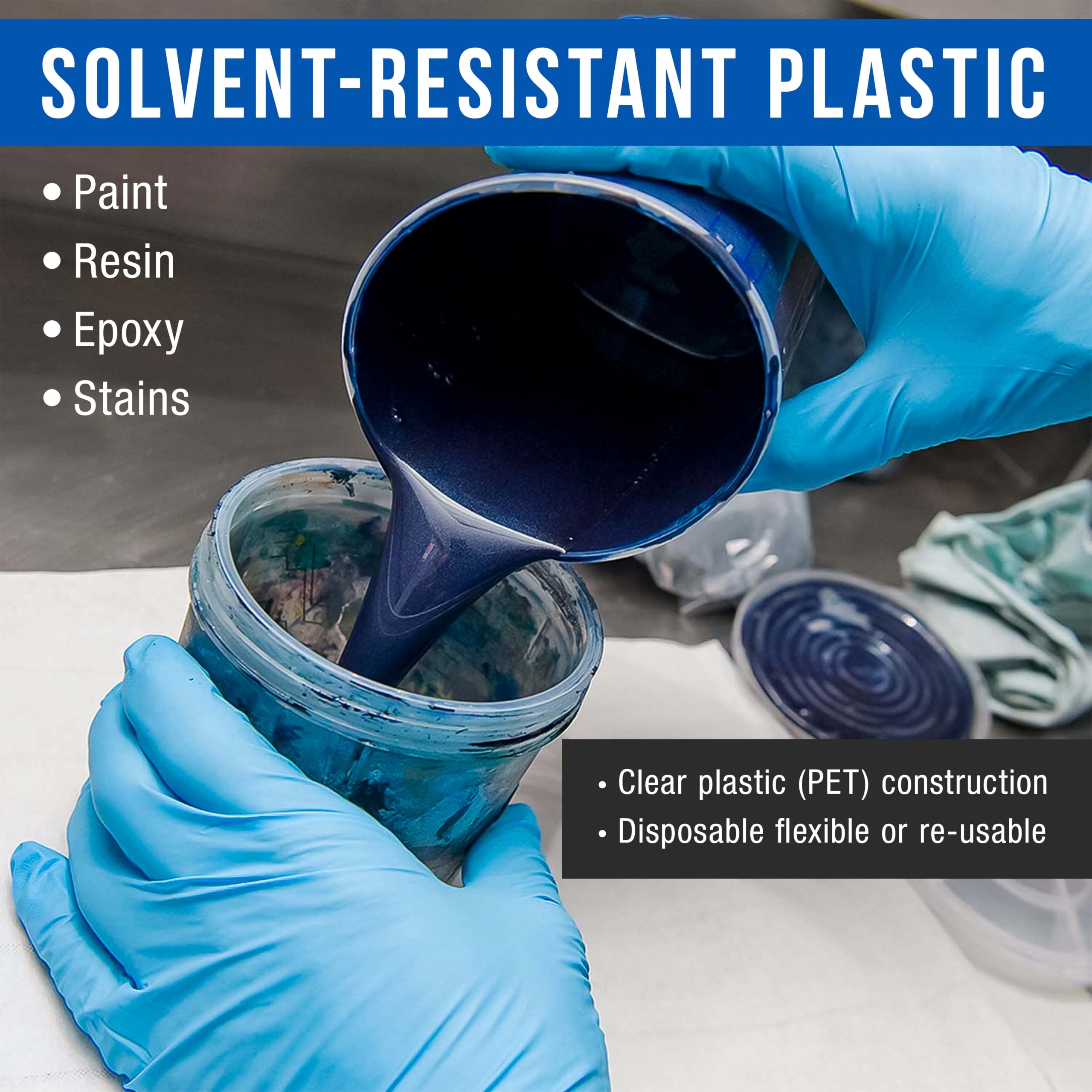TCP Global 600 ml Einweg-Mixbecher aus Kunststoff, flexibel, transparent, abgestuft, Box mit 50 Bechern und 50 Rührstäben, Verwendung für Farbe, Harz, Epoxid, Kunst, Küche, 4-1, ML