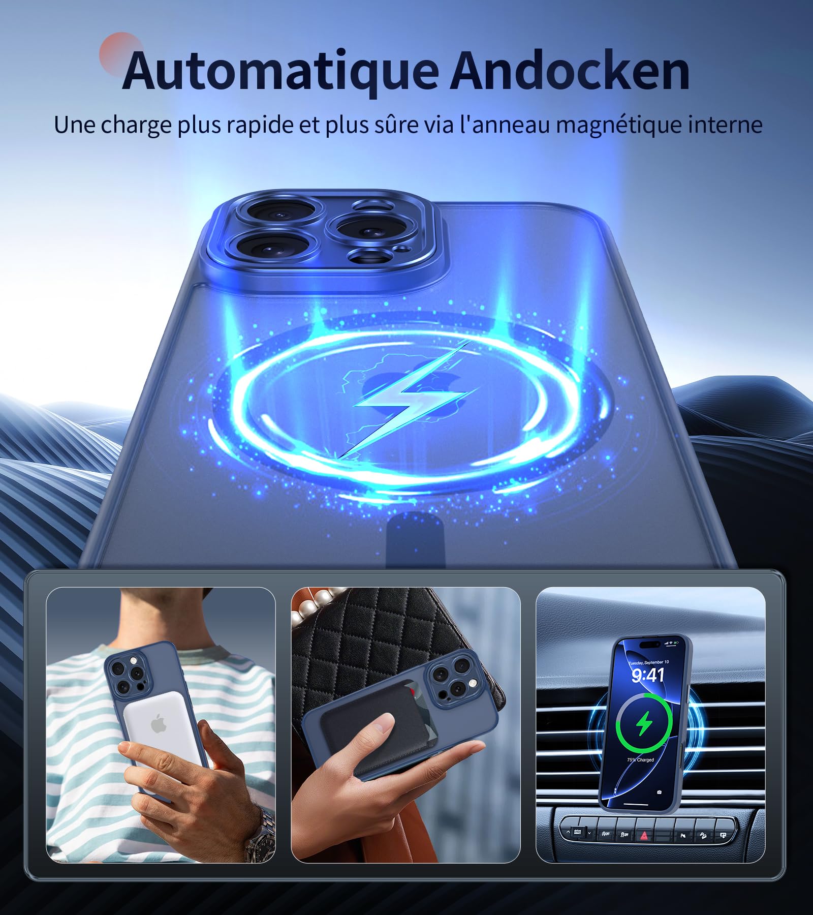 FLLAO Cover Magnetica per iPhone 16 Pro Max Custodia e 2 Pellicole in Vetro Temperato, Cover iPhone 16 Pro Max Compatibile con Magsafe, Traslucida Sottile Antiurto Protettiva Case, Blu Tempesta